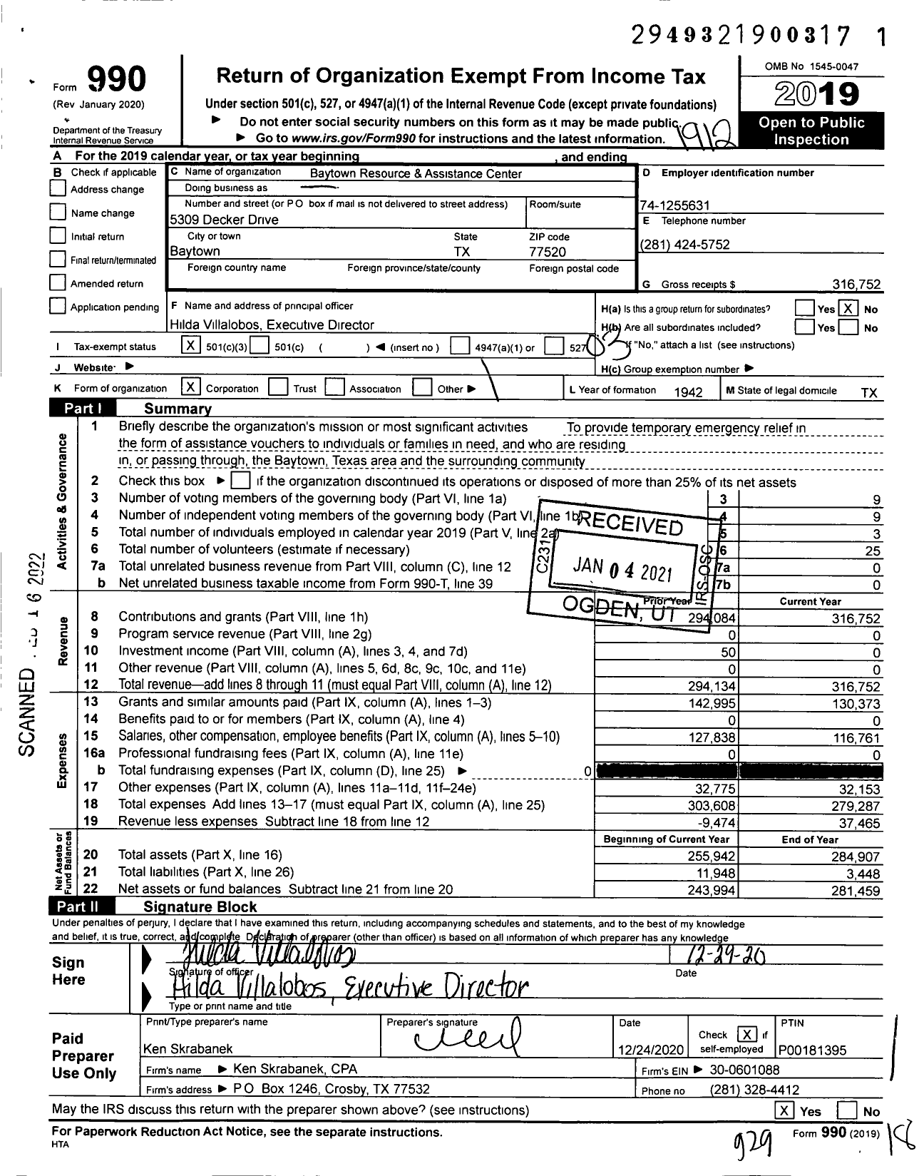 Image of first page of 2019 Form 990 for Baytown Resource & Assistance Center