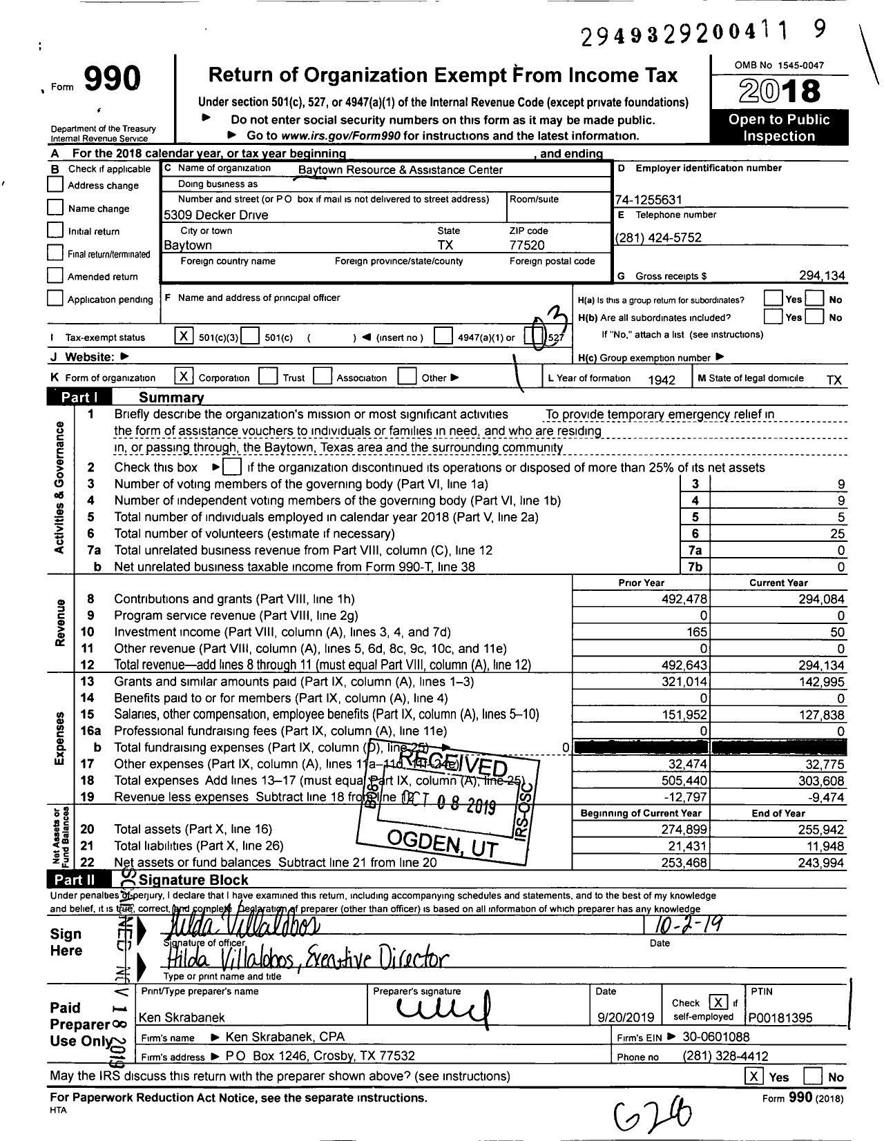 Image of first page of 2018 Form 990 for Baytown Resource & Assistance Center