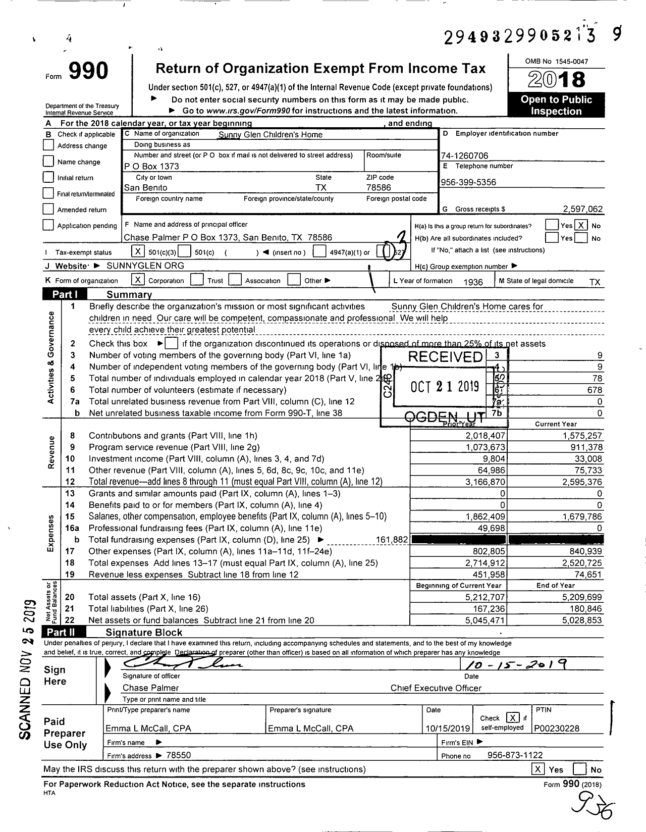 Image of first page of 2018 Form 990 for Sunny Glen Children's Home