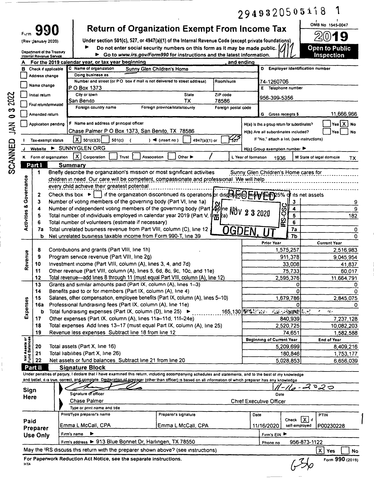 Image of first page of 2019 Form 990 for Sunny Glen Children's Home