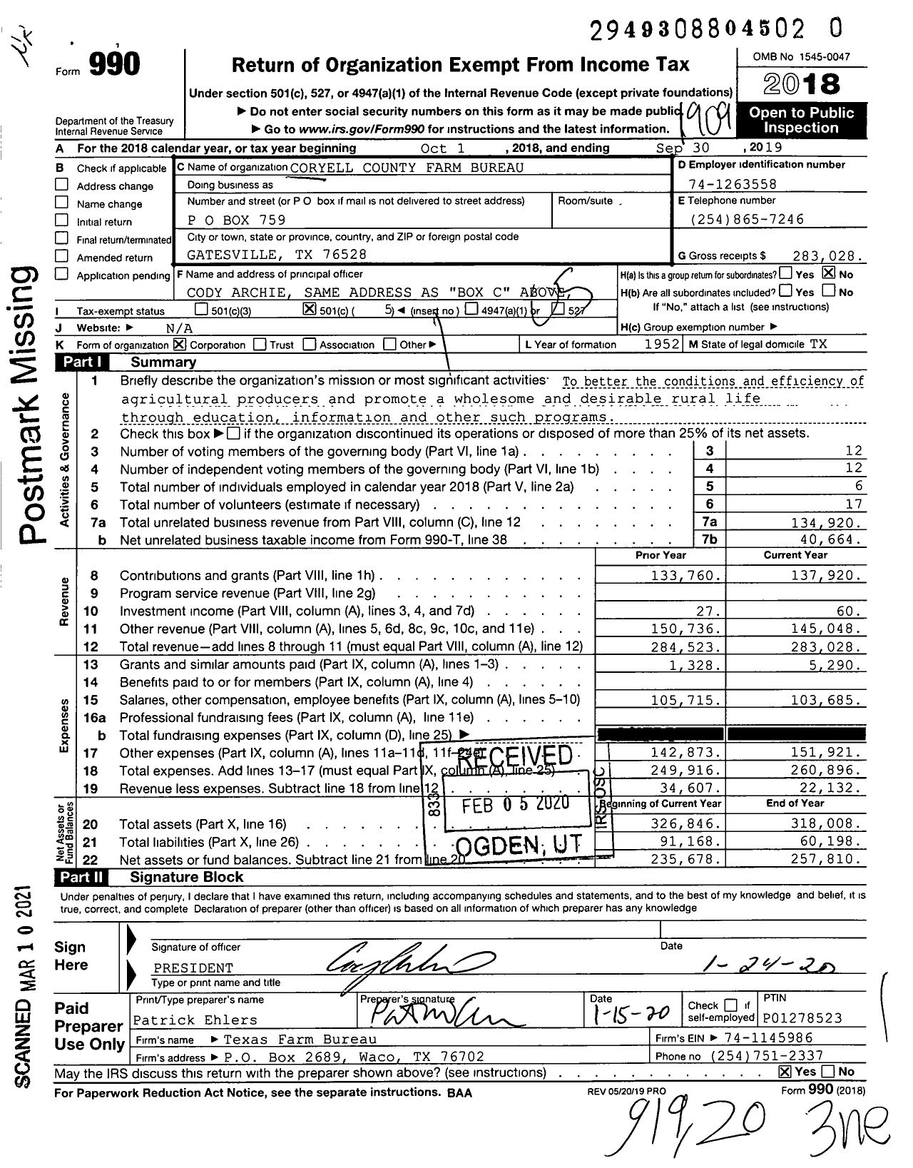 Image of first page of 2018 Form 990O for Coryell County Farm Bureau