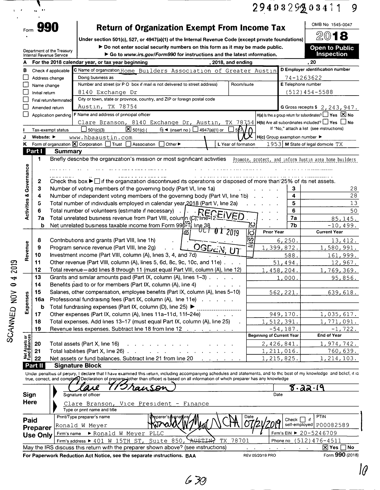 Image of first page of 2018 Form 990O for Home Builders Association of Greater Austin (HBA)
