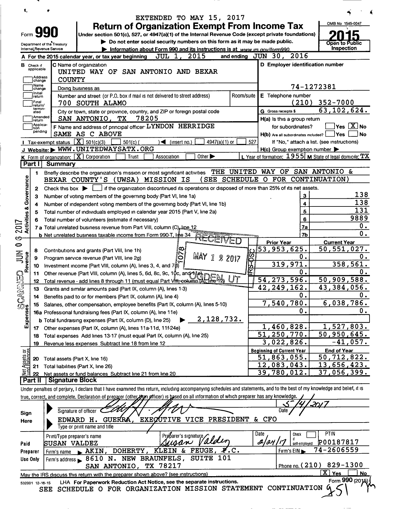 Image of first page of 2015 Form 990 for United Way of San Antonio and Bexar County