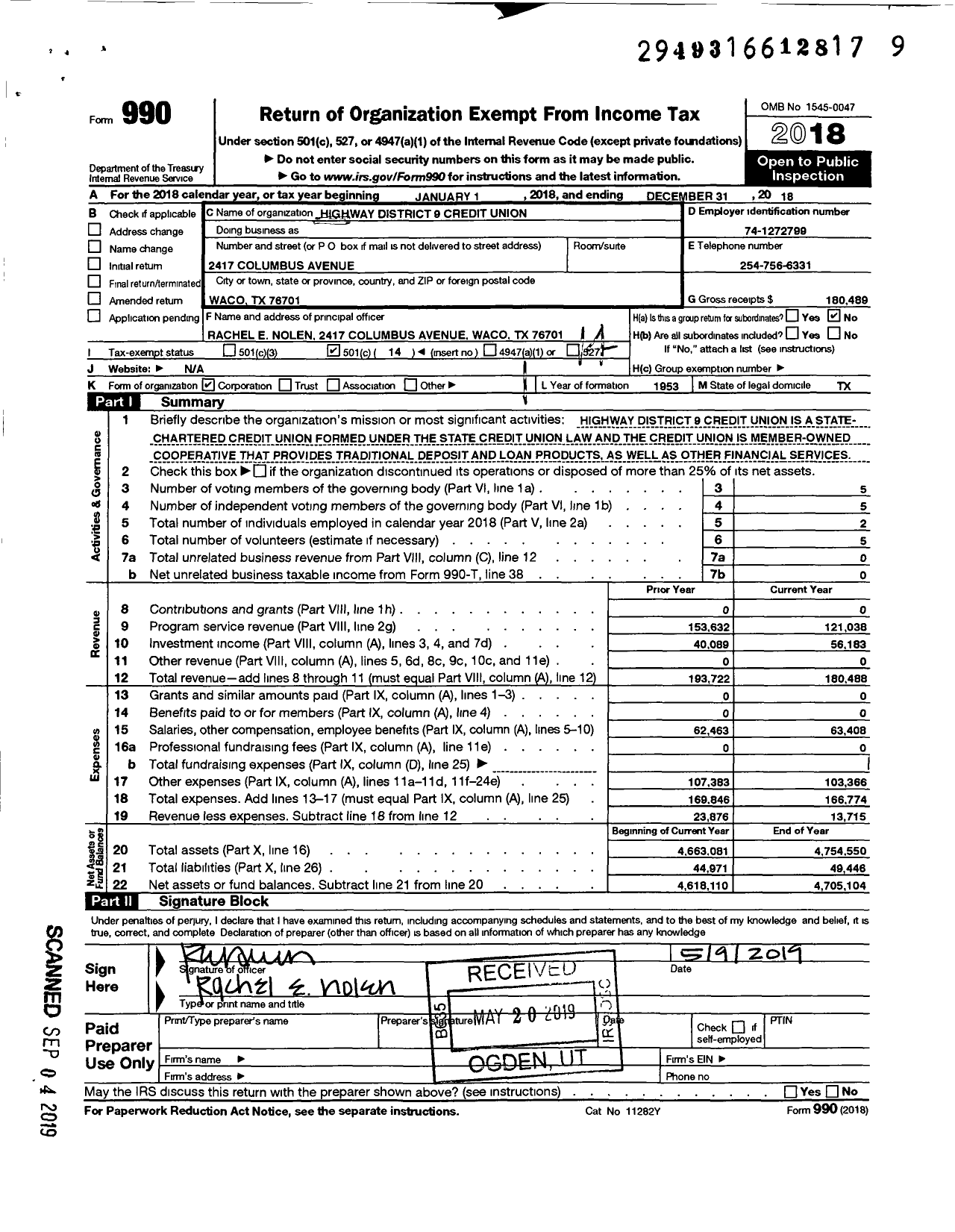 Image of first page of 2018 Form 990O for Hwy District 9 Credit Union