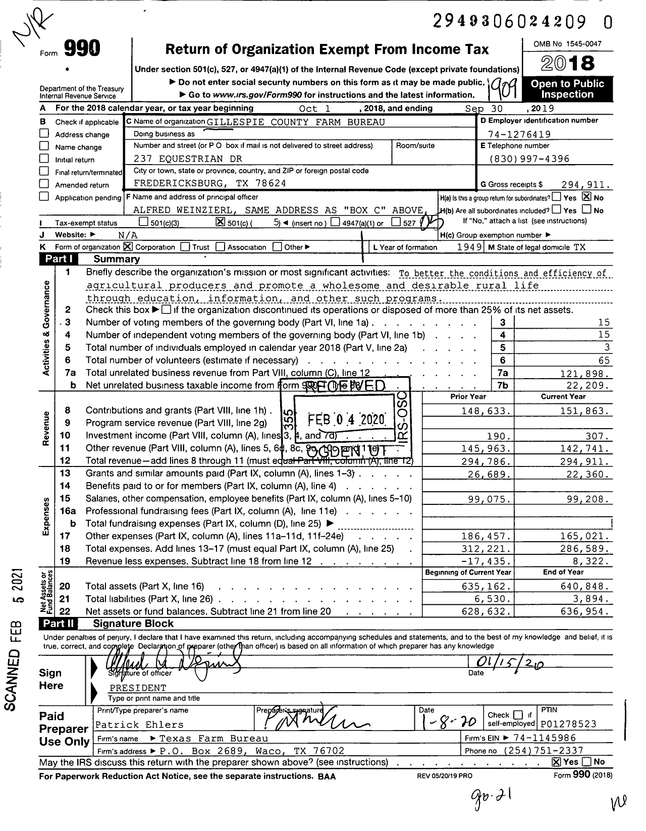 Image of first page of 2018 Form 990O for Gillespie County Farm Bureau