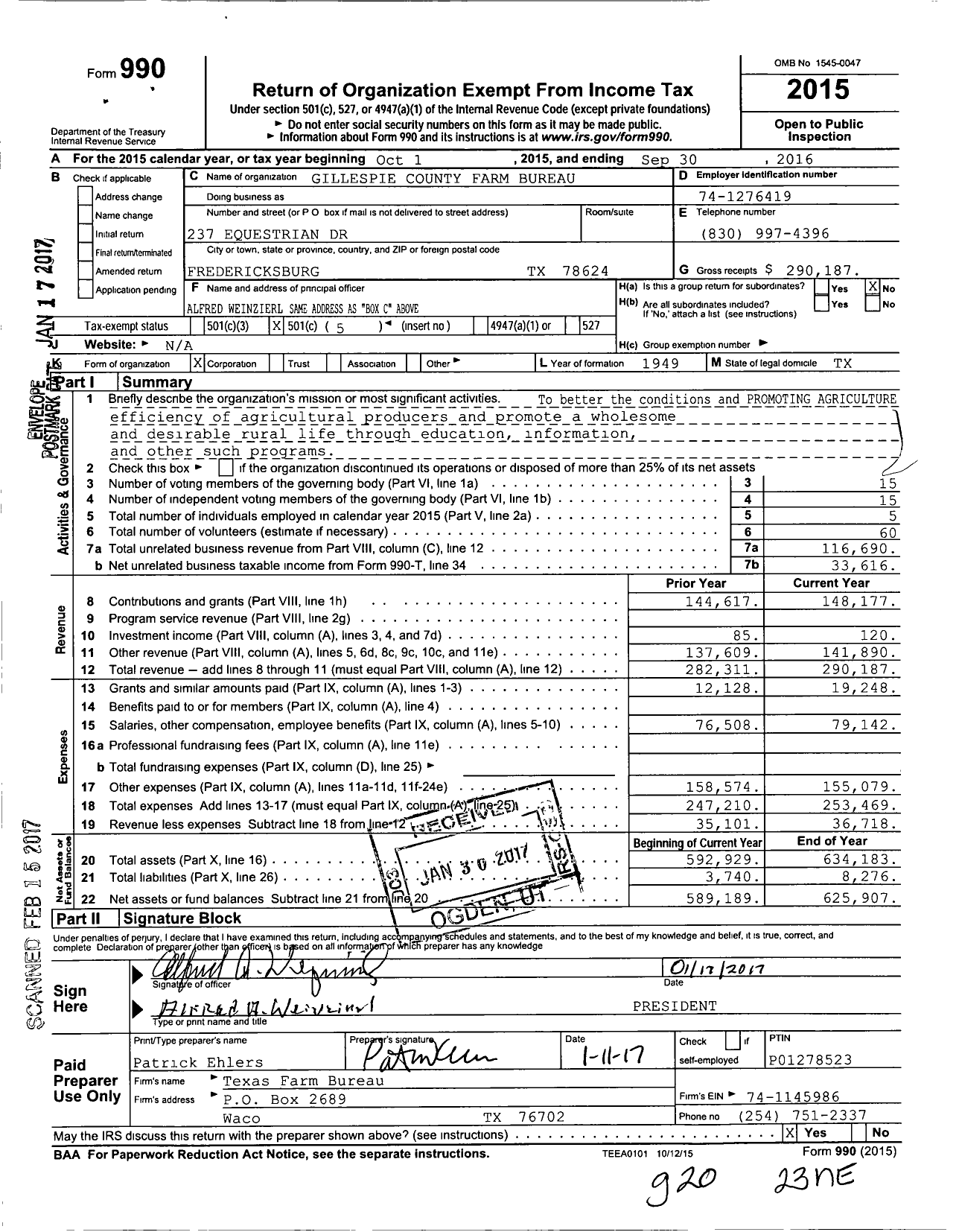 Image of first page of 2015 Form 990O for Gillespie County Farm Bureau
