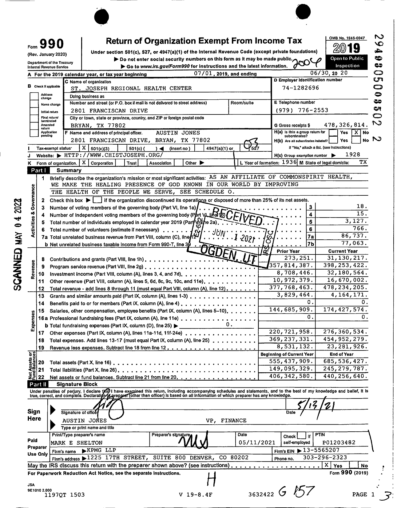 Image of first page of 2019 Form 990 for CHI St. Joseph Regional Health Center (SJRHC)