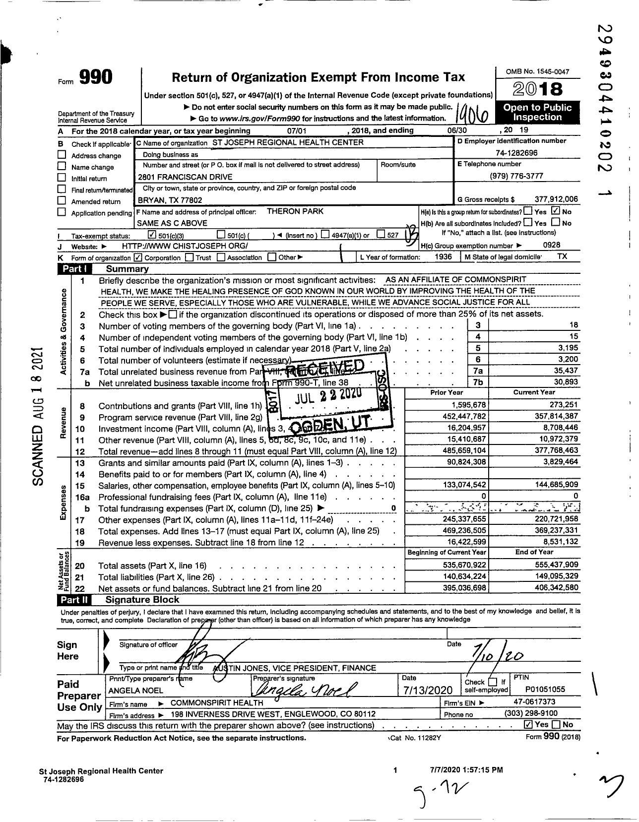 Image of first page of 2018 Form 990 for CHI St. Joseph Regional Health Center (SJRHC)
