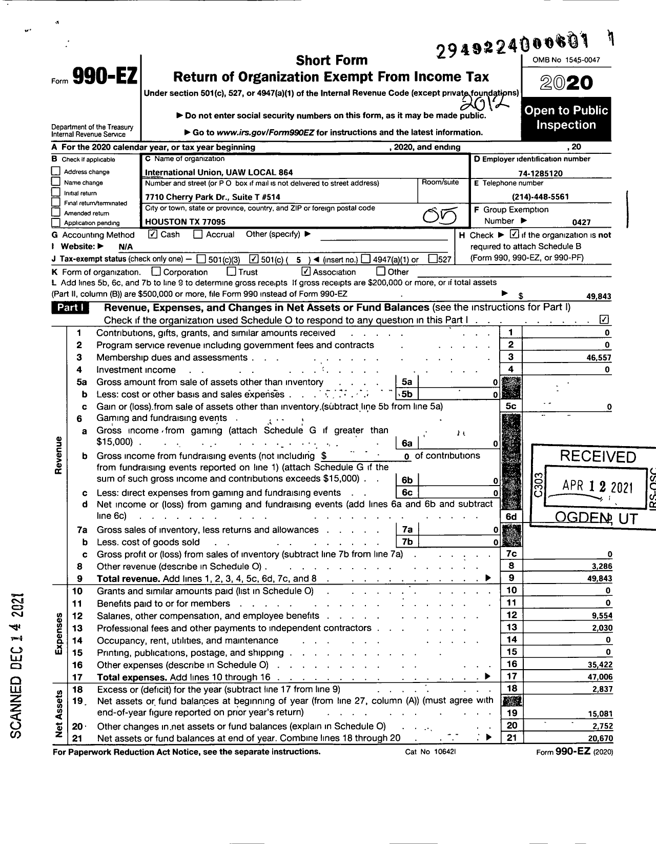 Image of first page of 2020 Form 990EO for Uaw - 864 Local (864 Local)