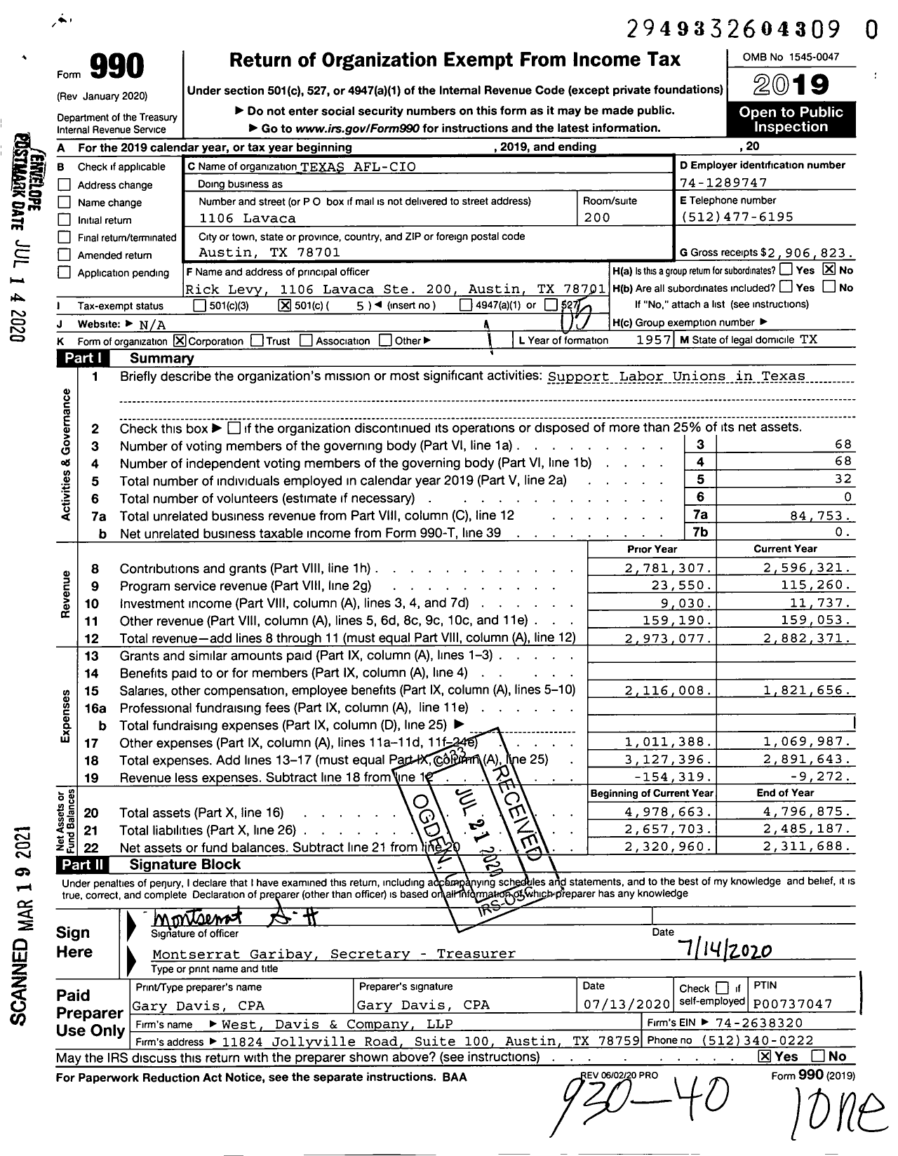 Image of first page of 2019 Form 990O for AFL-CIO - Texas AFL-CIO