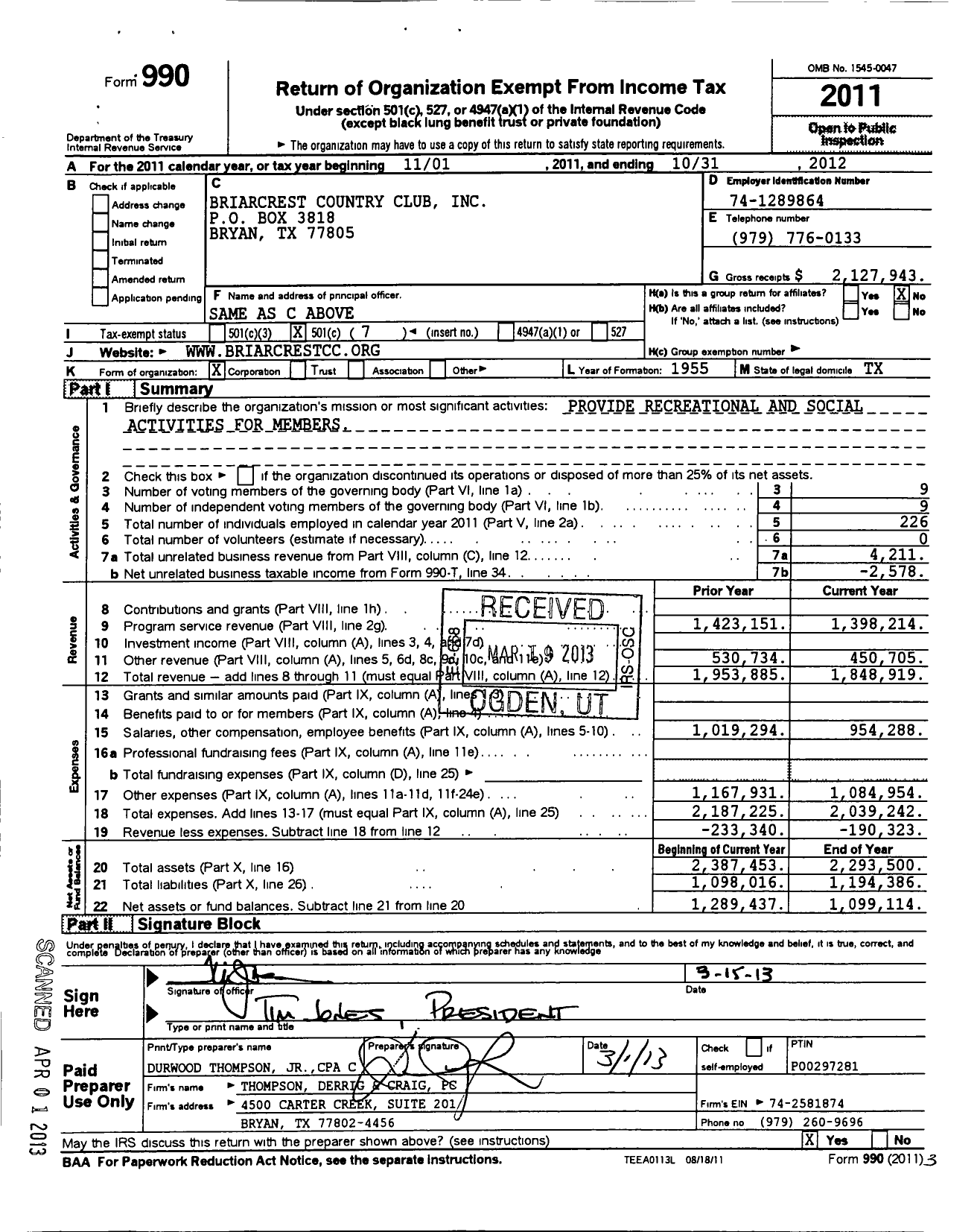 Image of first page of 2011 Form 990O for Briarcrest Country Club