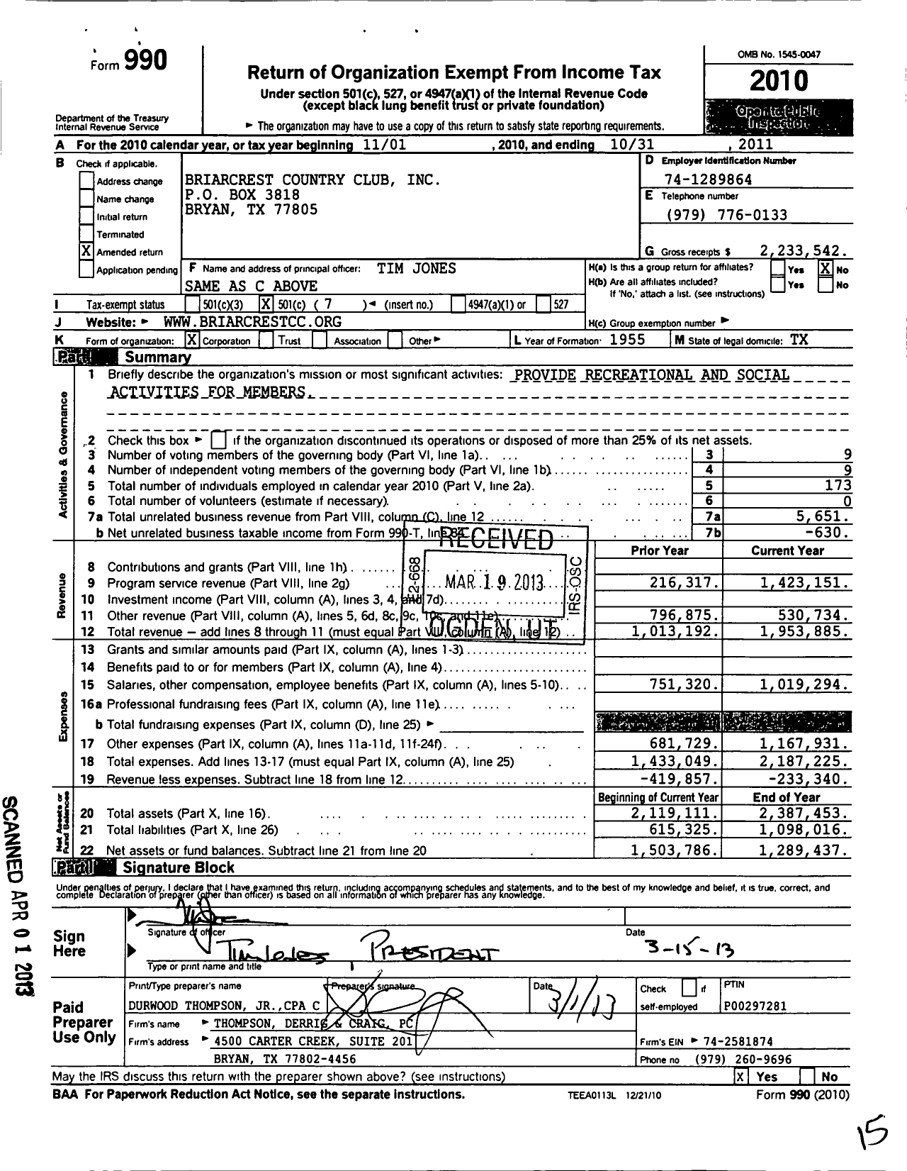 Image of first page of 2010 Form 990O for Briarcrest Country Club