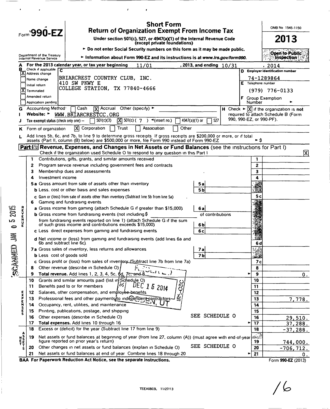 Image of first page of 2013 Form 990EO for Briarcrest Country Club