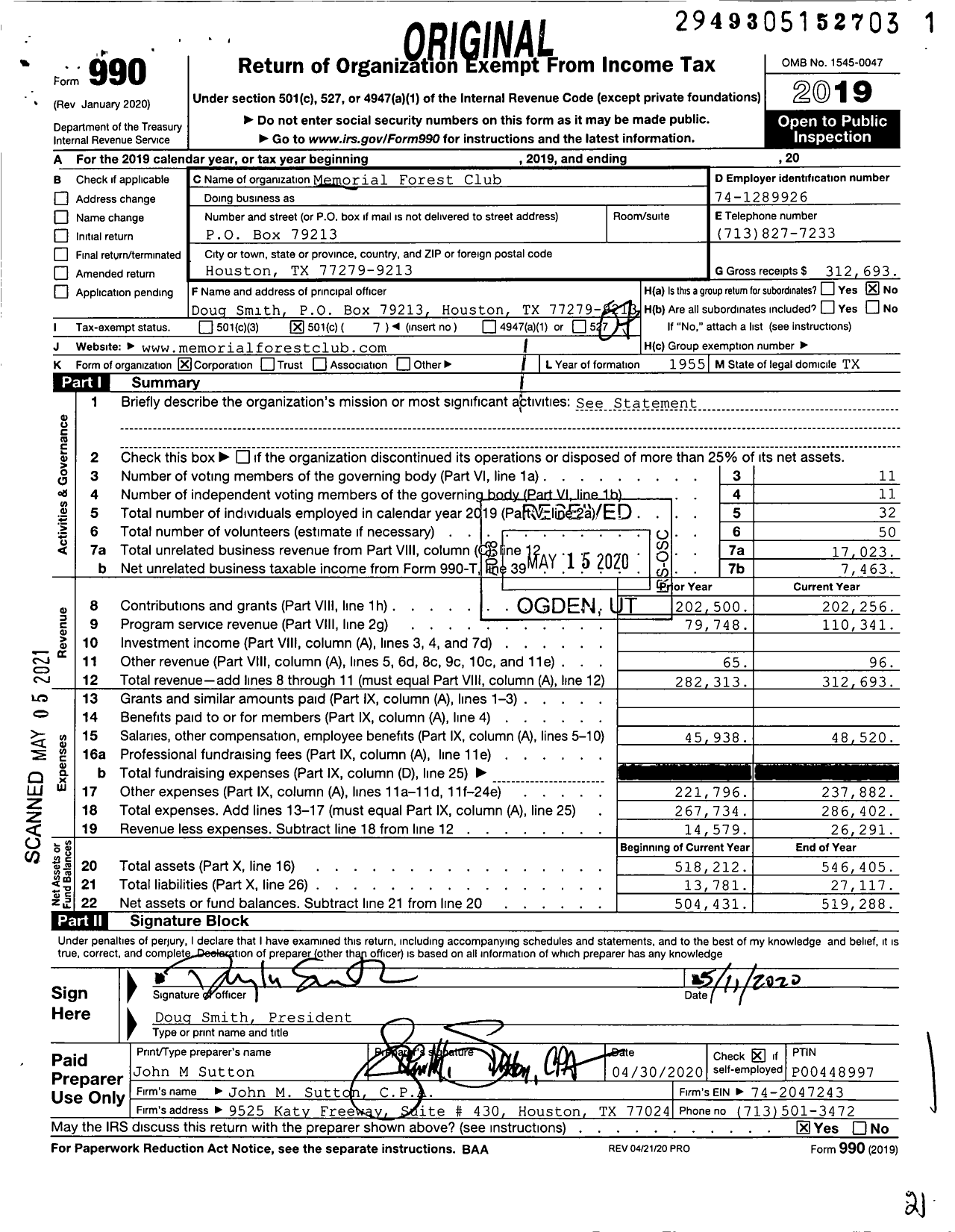 Image of first page of 2019 Form 990O for Memorial Forest Club