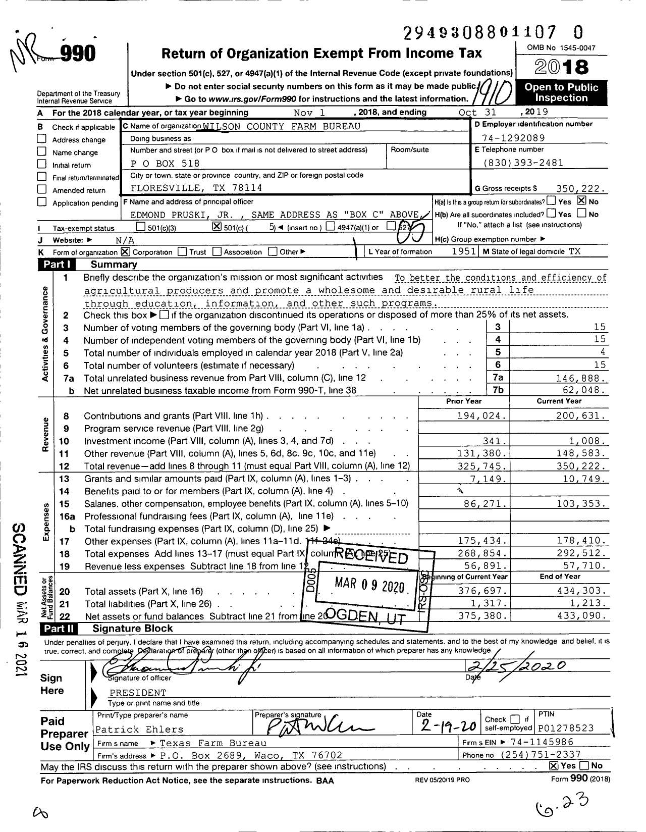 Image of first page of 2018 Form 990O for Wilson County Farm Bureau