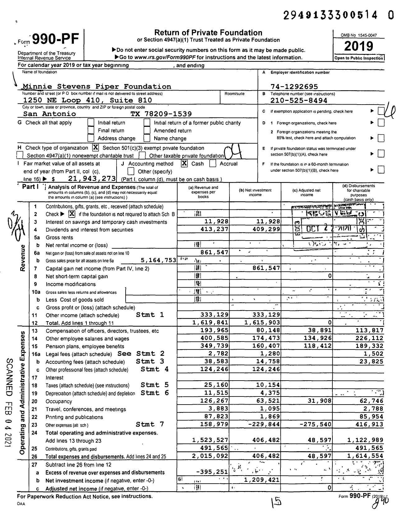 Image of first page of 2019 Form 990PF for Minnie Stevens Piper Foundation