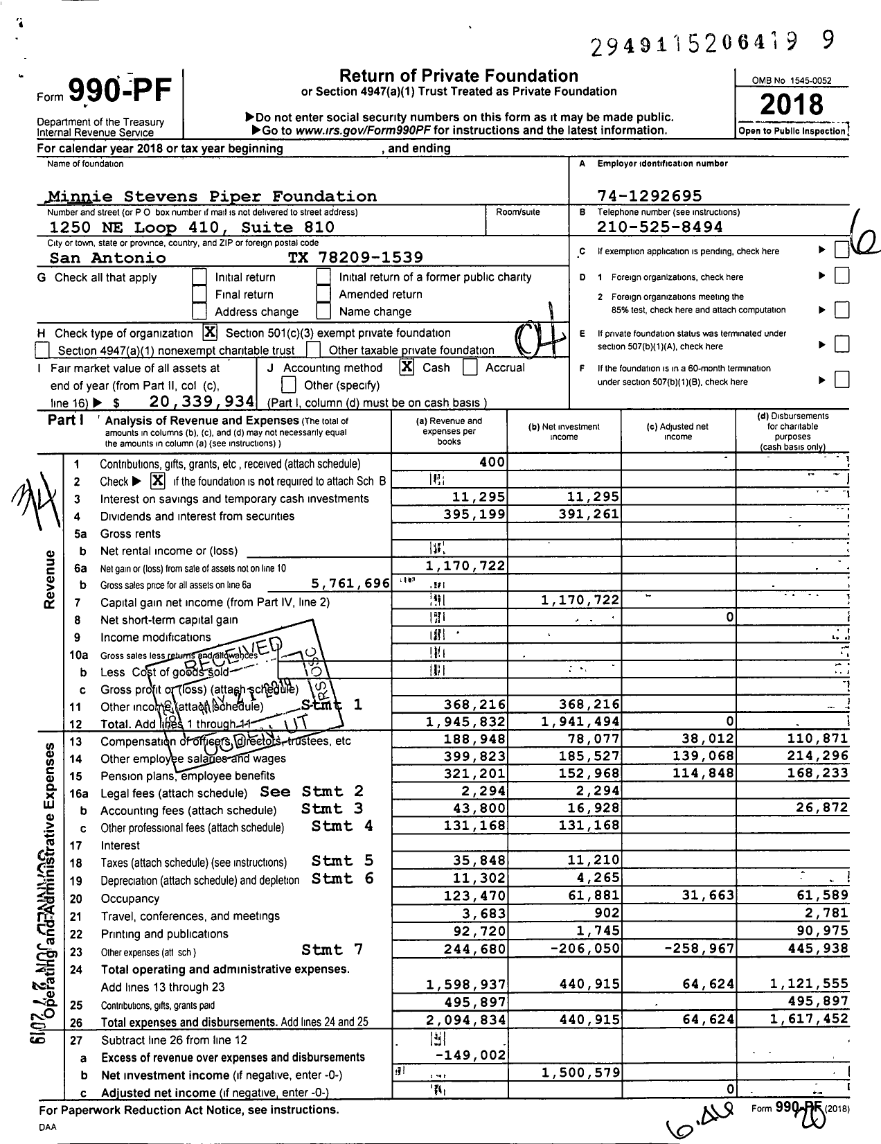 Image of first page of 2018 Form 990PF for Minnie Stevens Piper Foundation