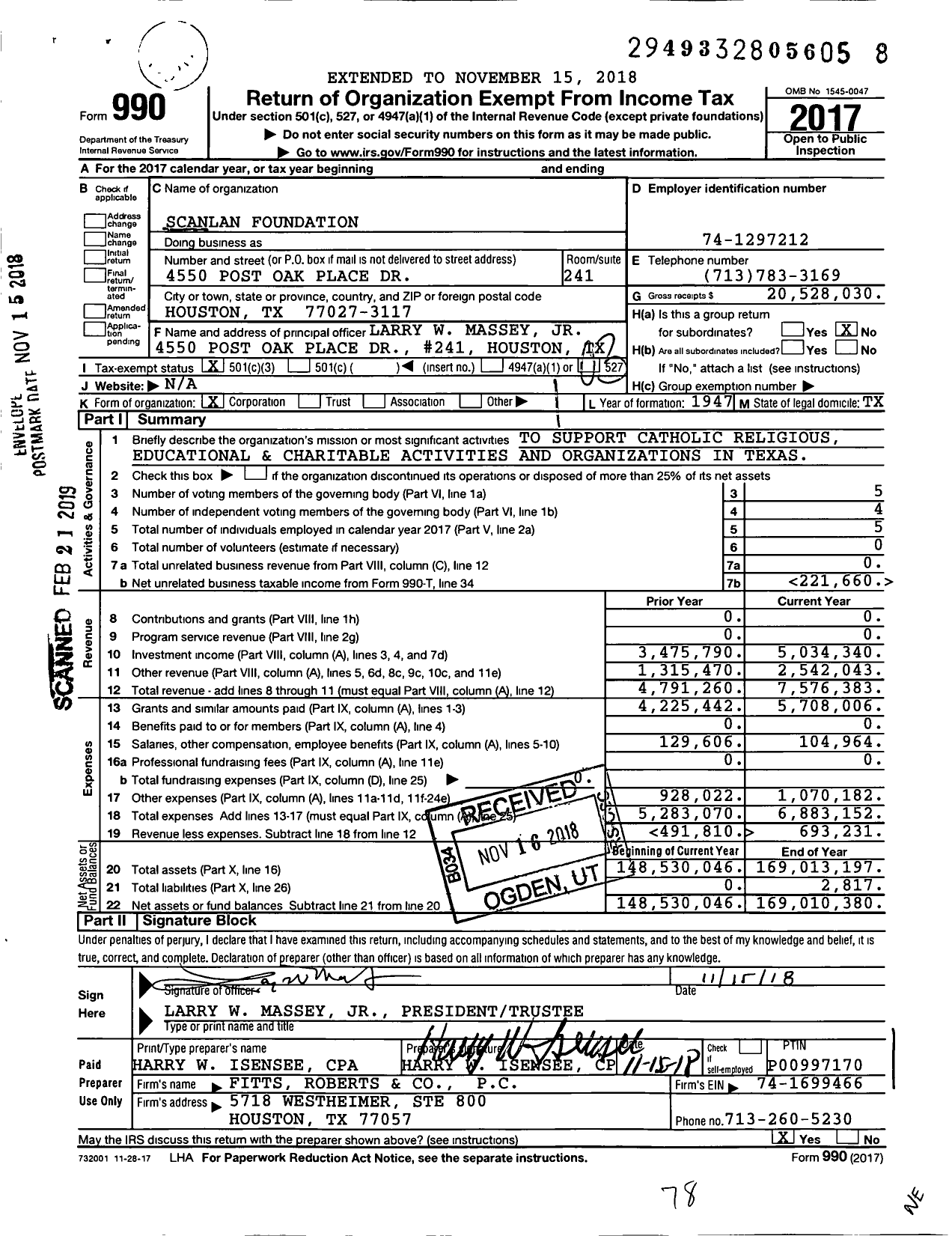 Image of first page of 2017 Form 990 for Scanlan Foundation