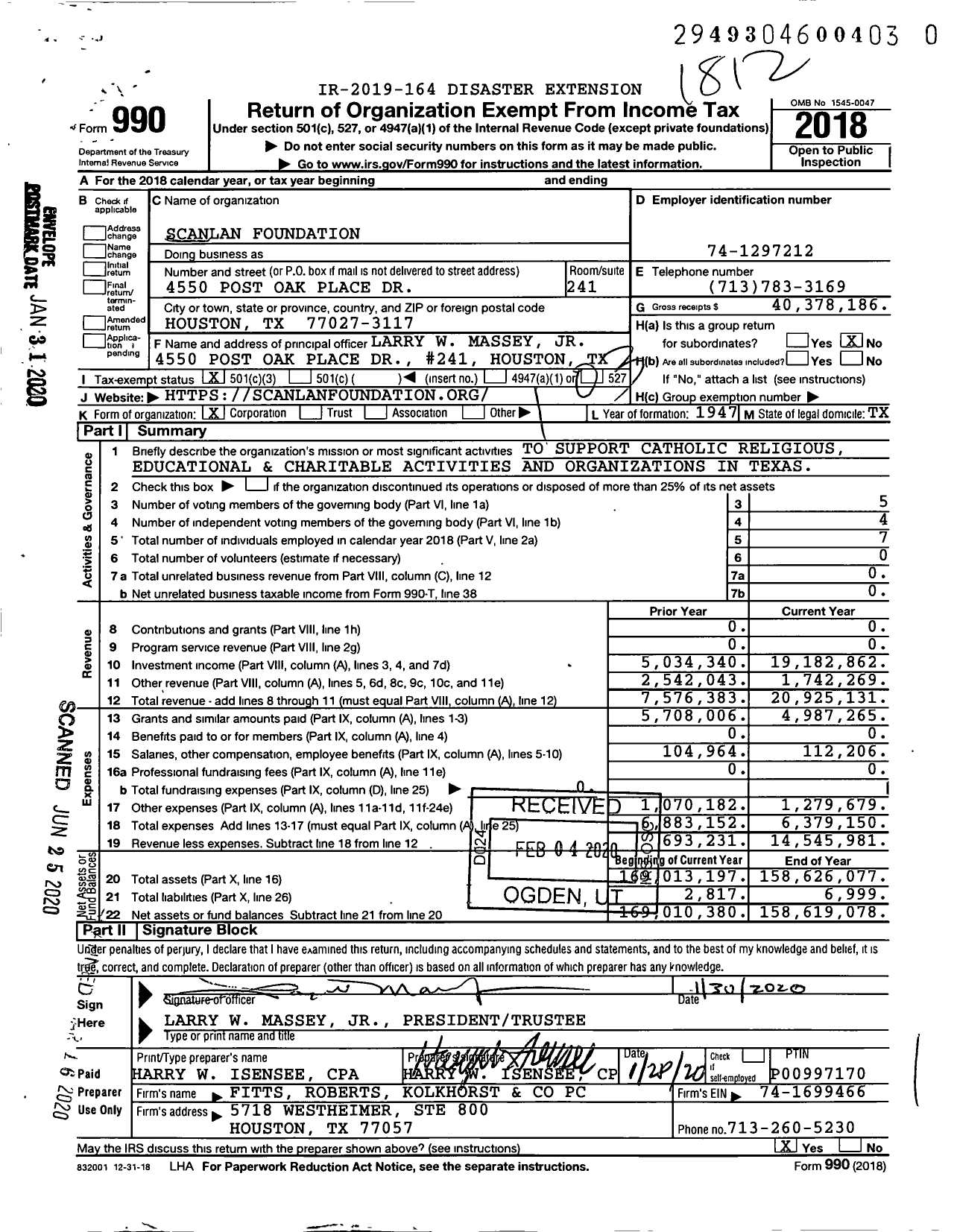 Image of first page of 2018 Form 990 for Scanlan Foundation