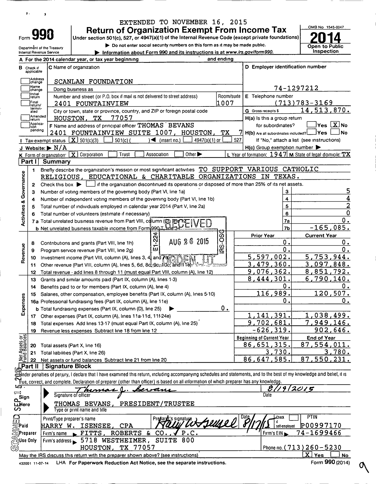 Image of first page of 2014 Form 990 for Scanlan Foundation