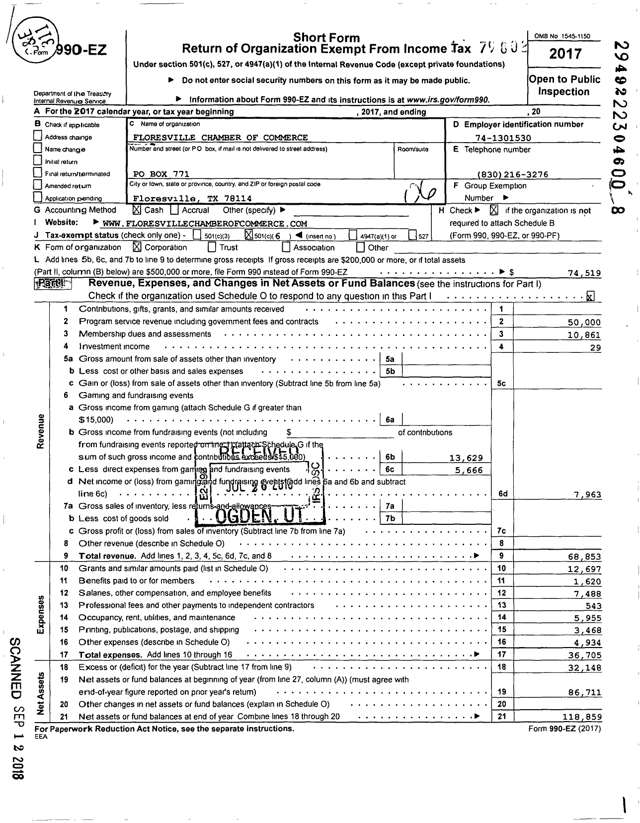 Image of first page of 2017 Form 990EO for Floresville Chamber of Commerce