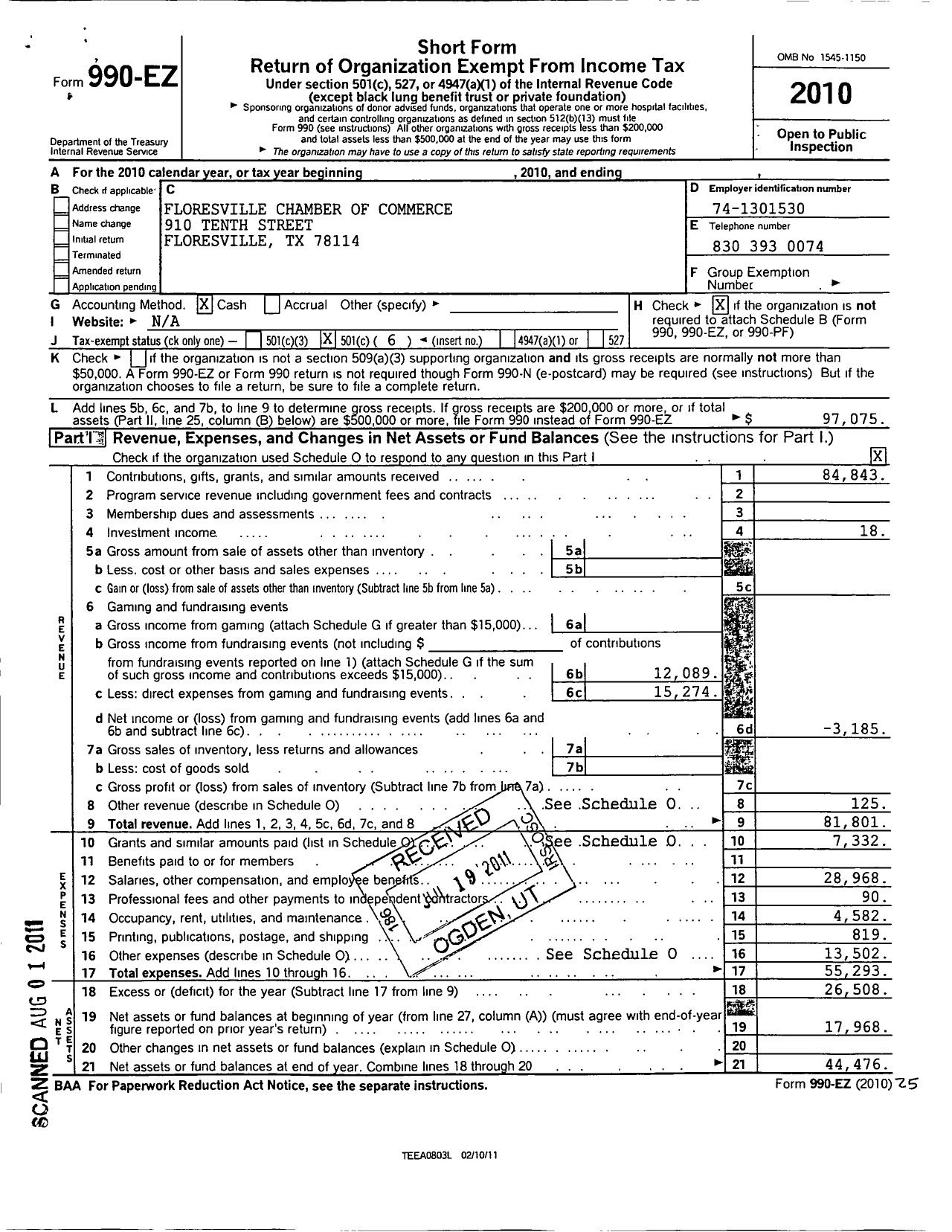 Image of first page of 2010 Form 990EO for Floresville Chamber of Commerce