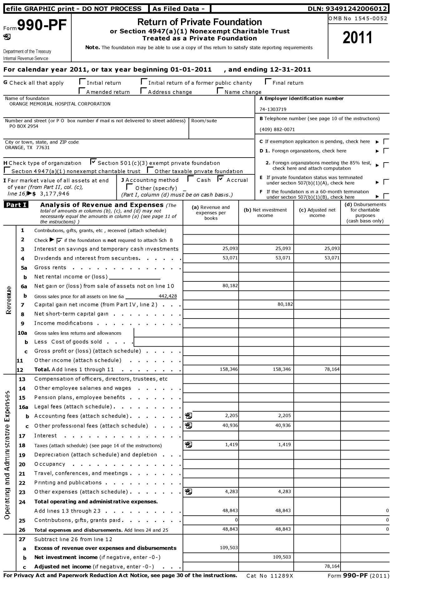 Image of first page of 2011 Form 990PF for Orange Memorial Hospital Corporation