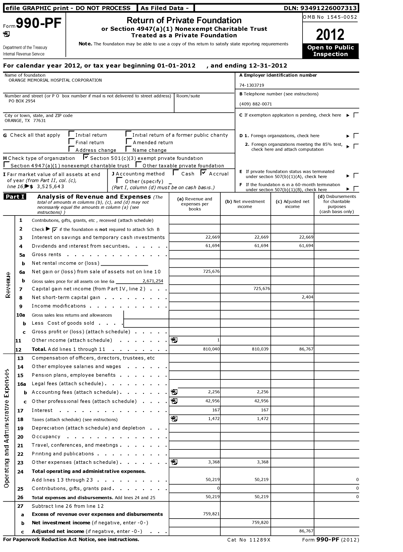 Image of first page of 2012 Form 990PF for Orange Memorial Hospital Corporation