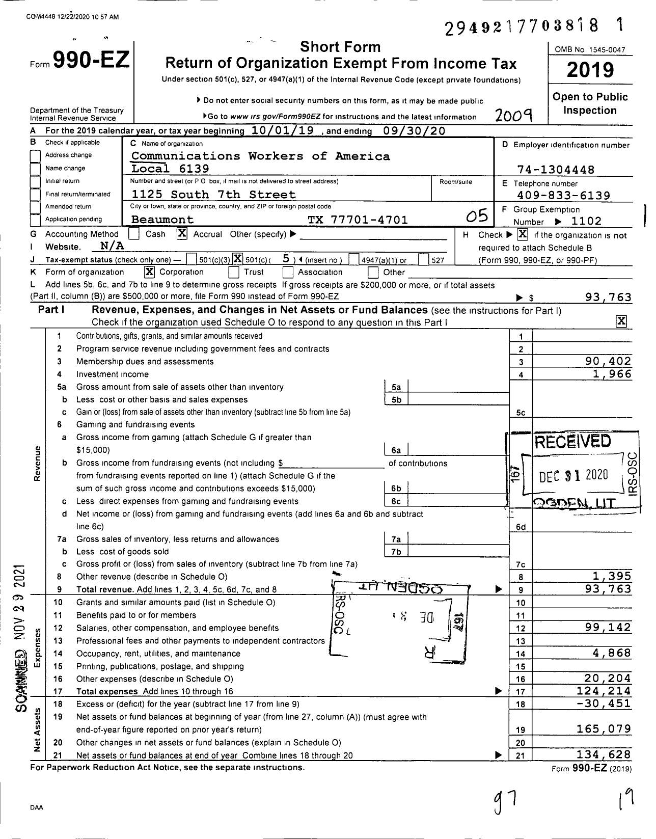 Image of first page of 2019 Form 990EO for Communications Workers of America - Local 6139