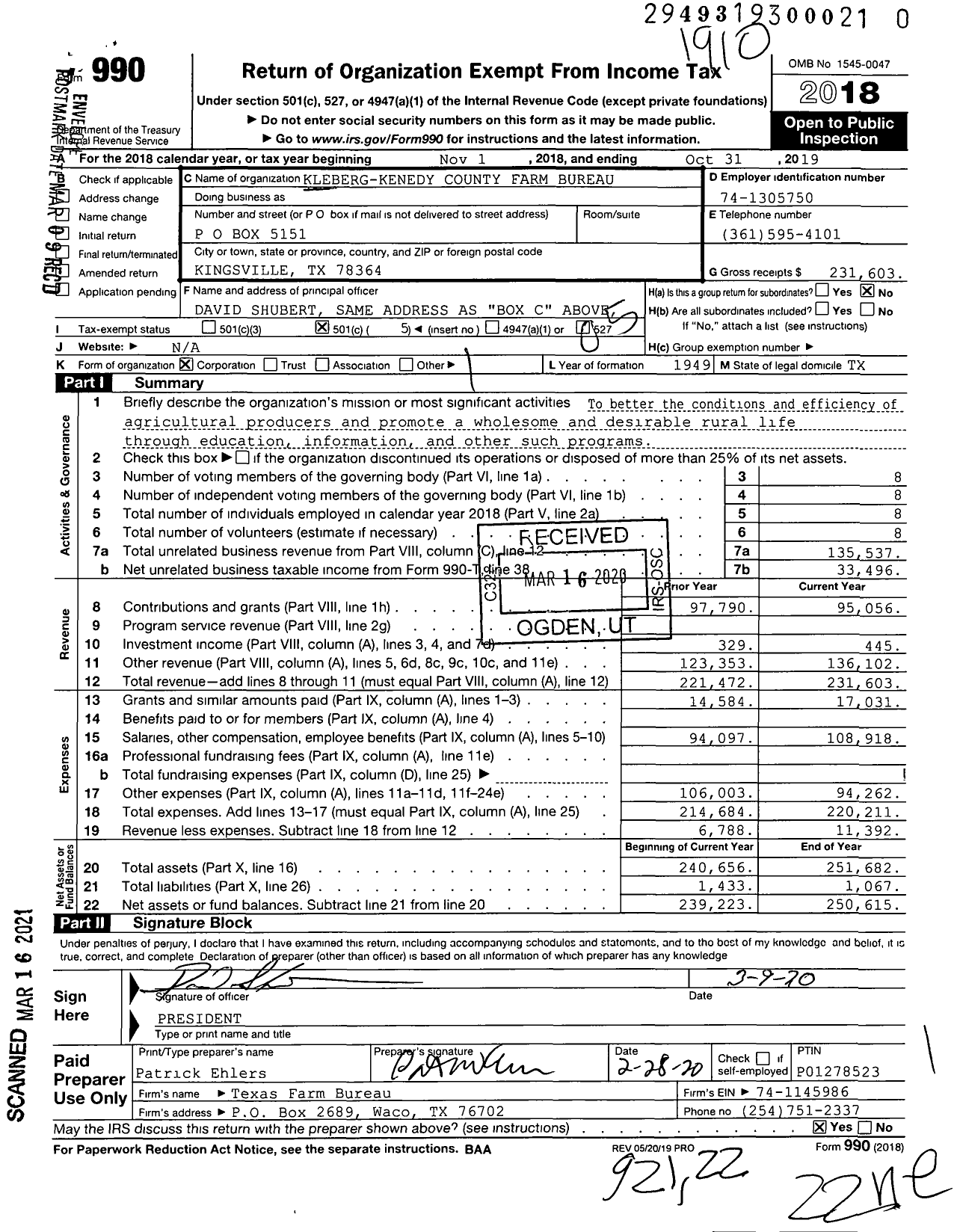 Image of first page of 2018 Form 990O for Kleberg-Kenedy County Farm Bureau