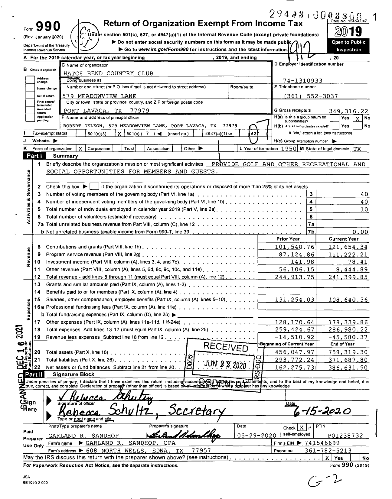 Image of first page of 2019 Form 990O for Hatch Bend Country Club