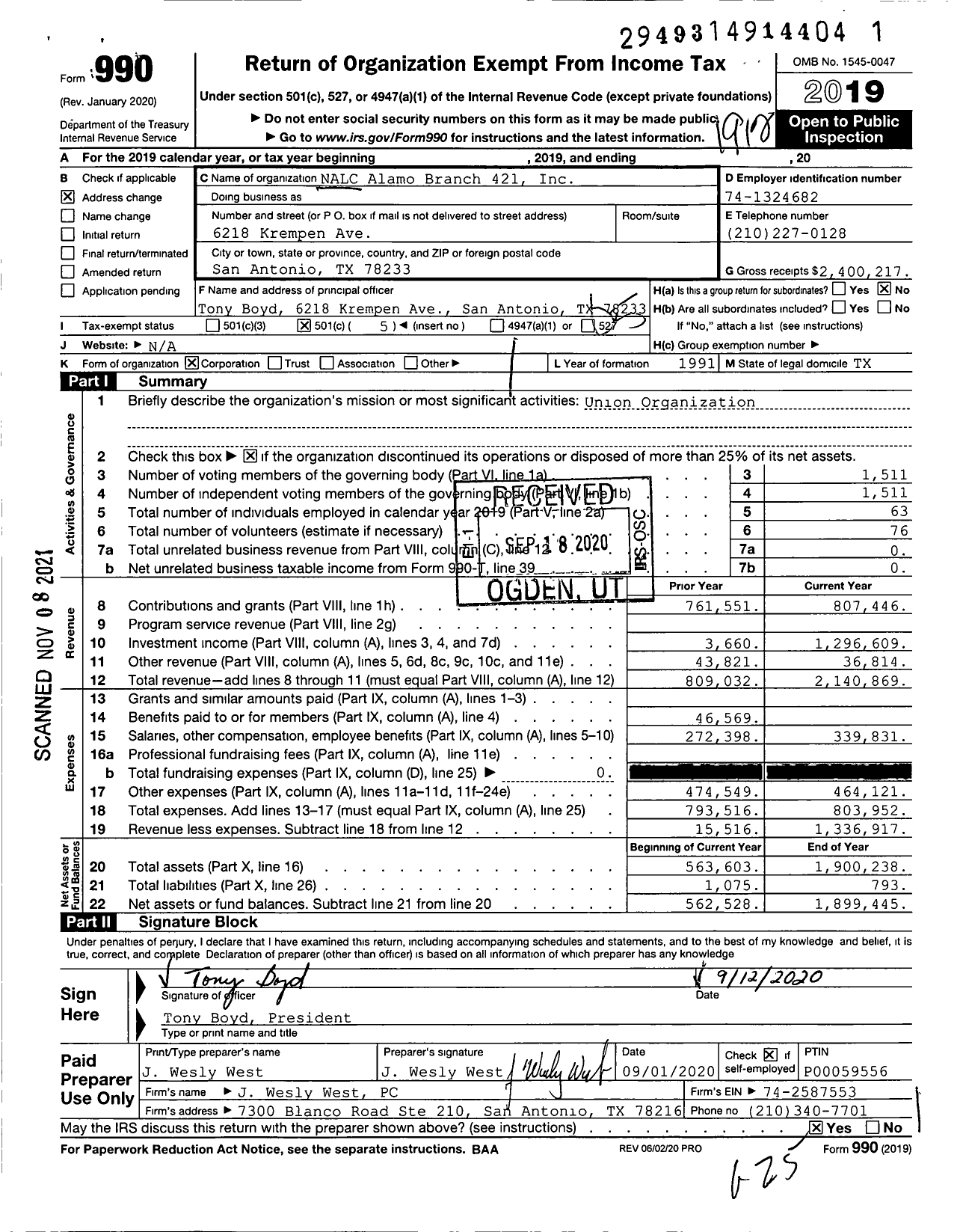 Image of first page of 2019 Form 990O for National Association of Letter Carriers - 421 Alamo Branch