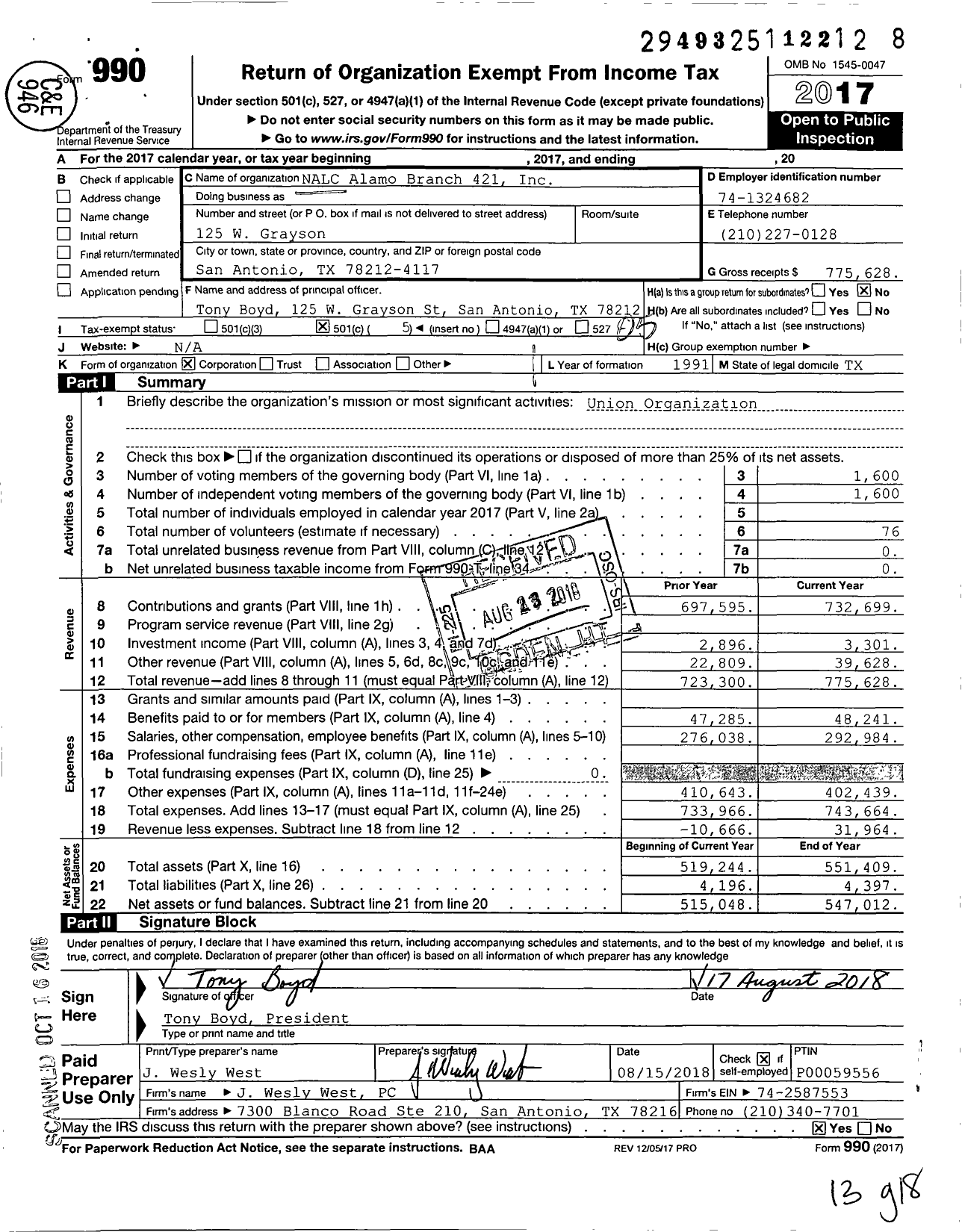 Image of first page of 2017 Form 990O for National Association of Letter Carriers - 421 Alamo Branch