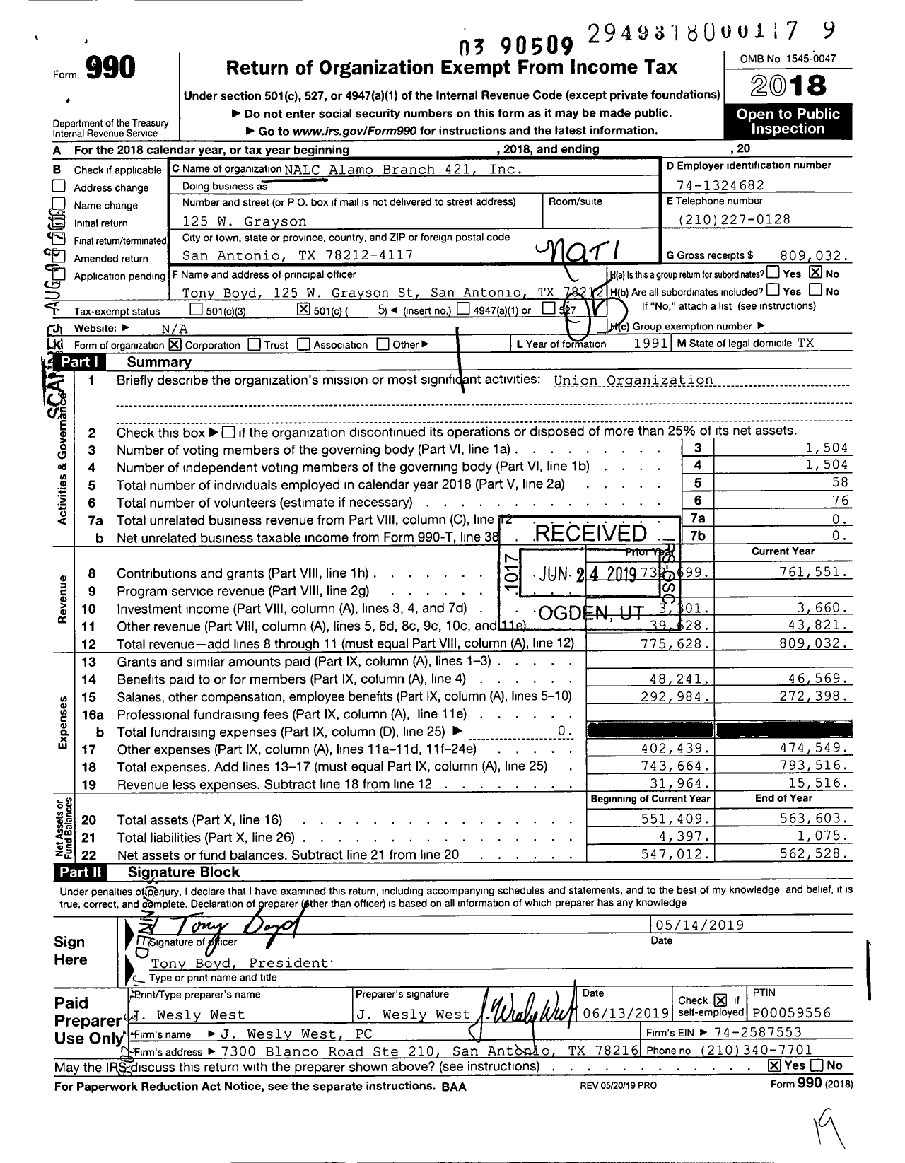 Image of first page of 2018 Form 990O for National Association of Letter Carriers - 421 Alamo Branch