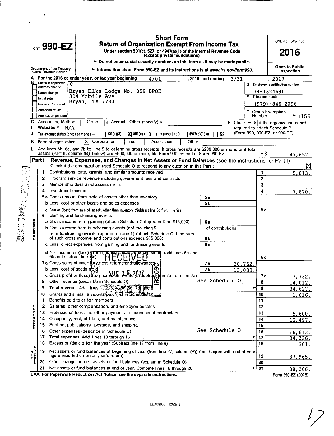 Image of first page of 2016 Form 990EO for Benevolent and Protective Order of Elks - 859 Bryan