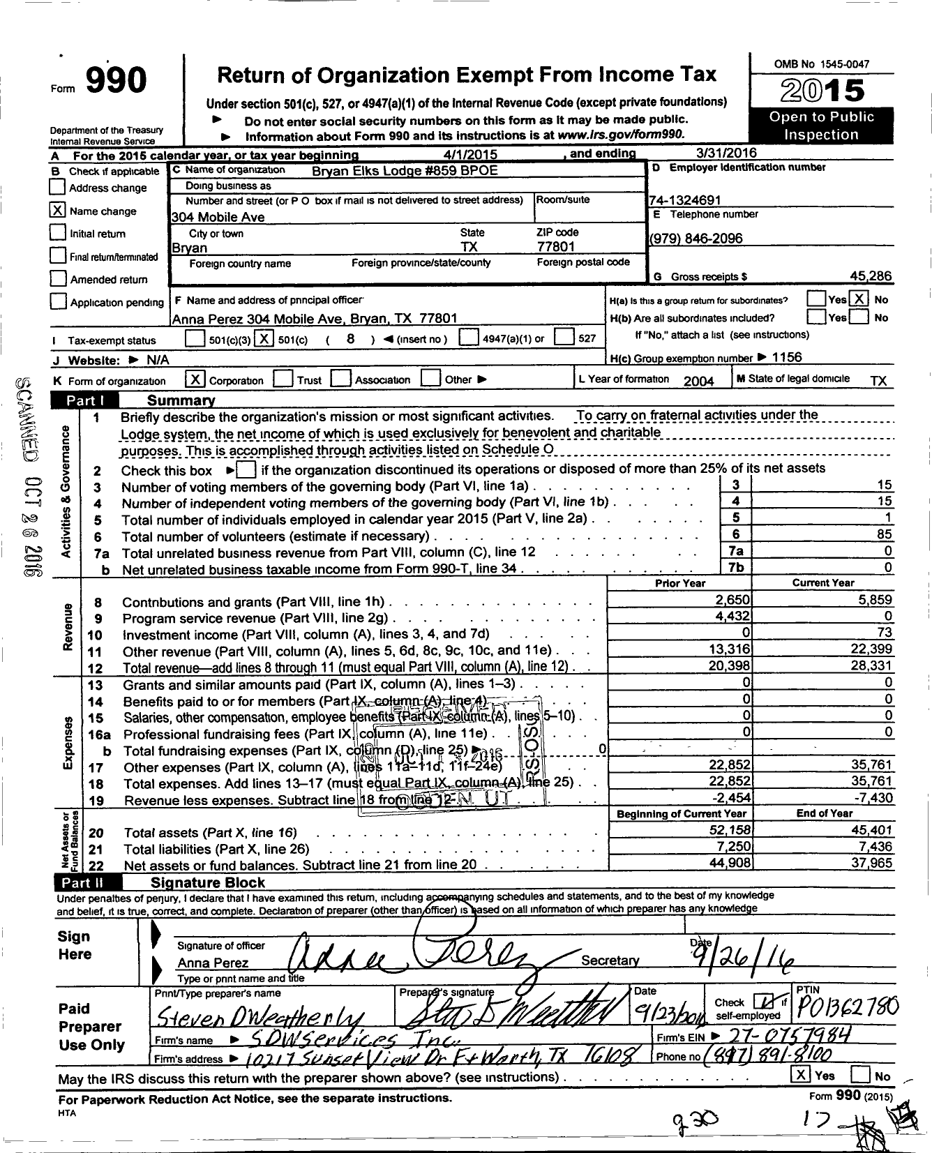 Image of first page of 2015 Form 990O for Benevolent and Protective Order of Elks - 859 Bryan