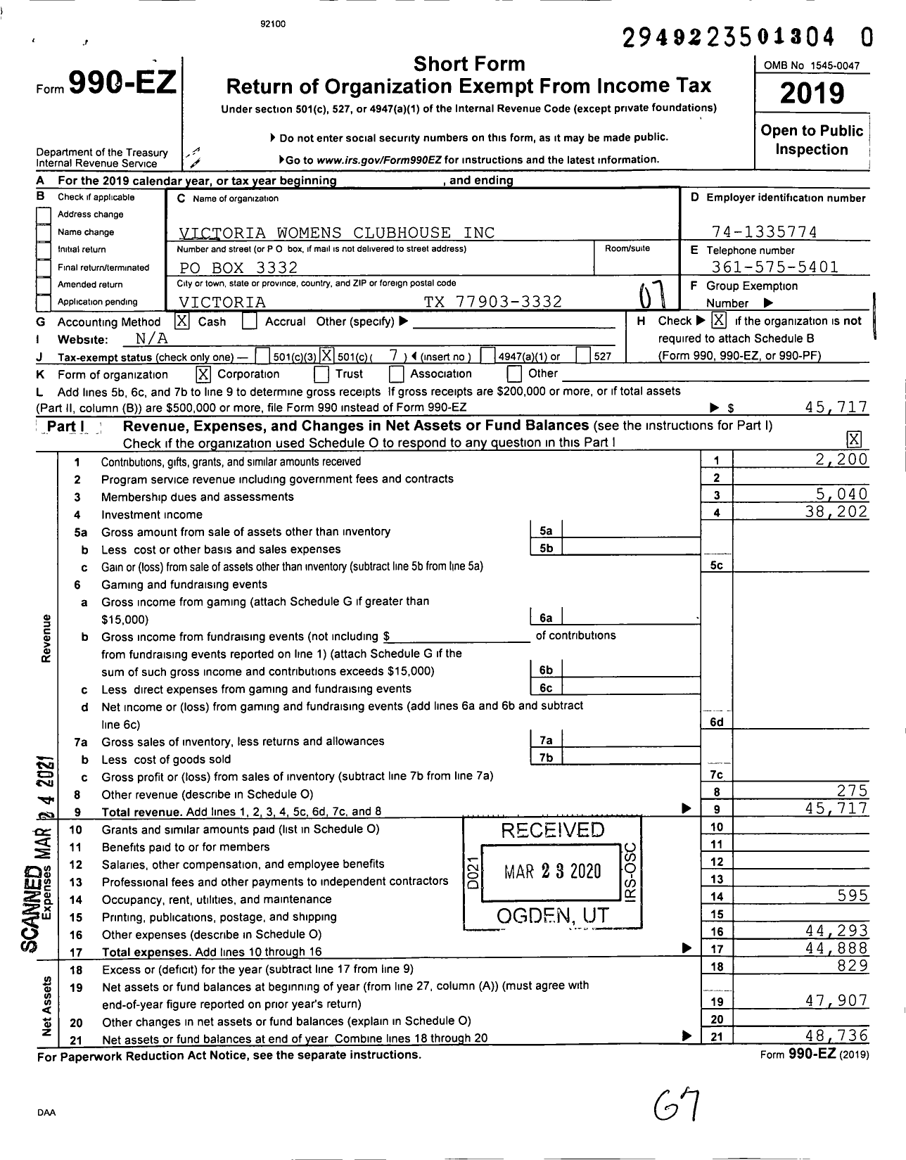 Image of first page of 2019 Form 990EO for Victoria Womens Clubhouse