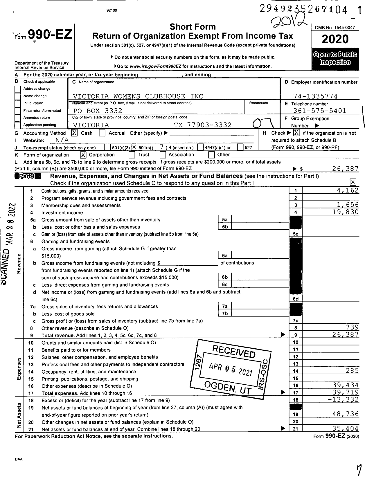 Image of first page of 2020 Form 990EO for Victoria Womens Clubhouse