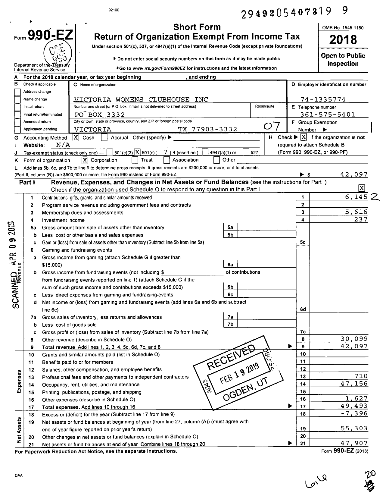 Image of first page of 2018 Form 990EO for Victoria Womens Clubhouse