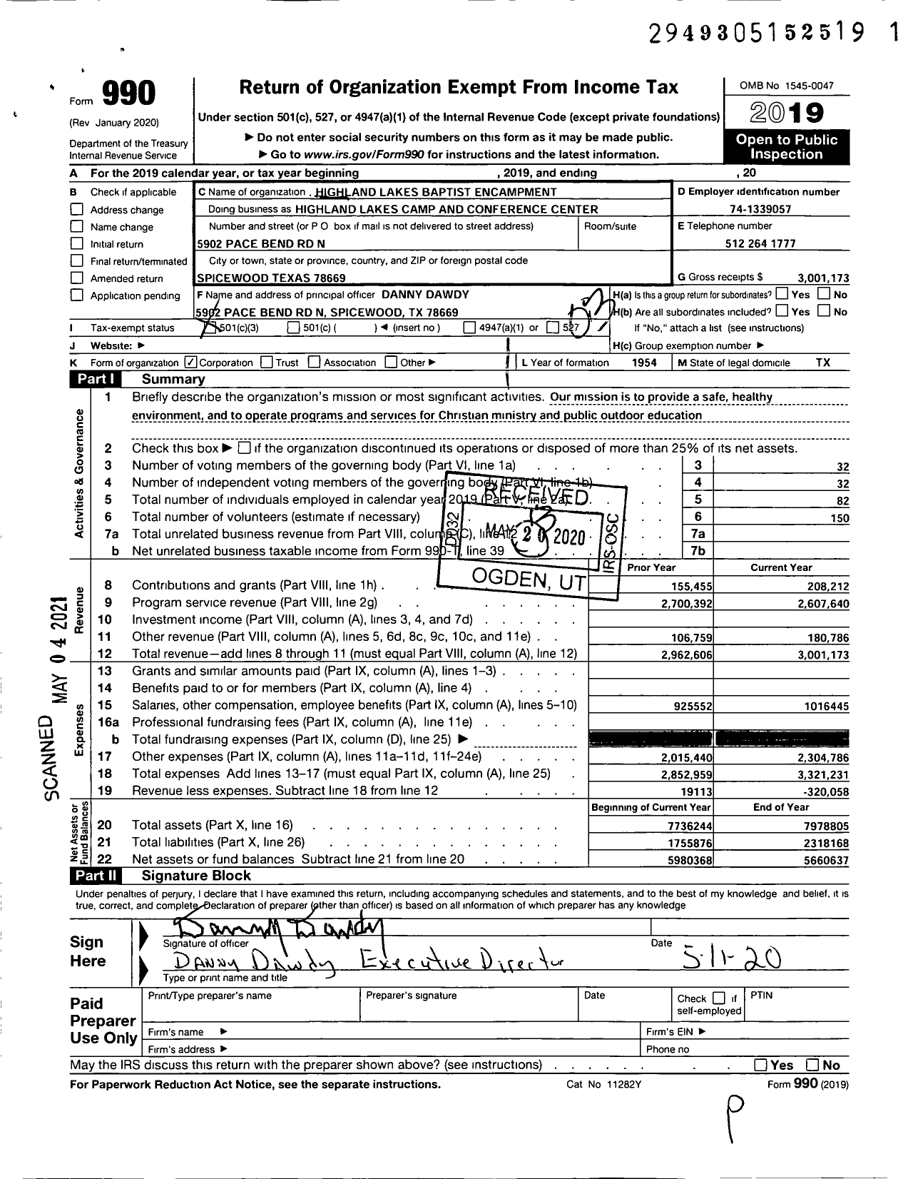 Image of first page of 2019 Form 990 for Highland Lakes Camp and Conference Center (HLC)