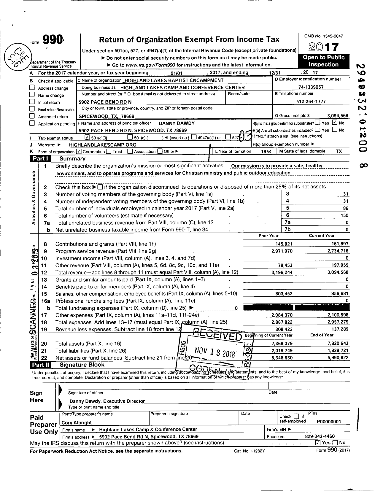 Image of first page of 2017 Form 990 for Highland Lakes Camp and Conference Center (HLC)