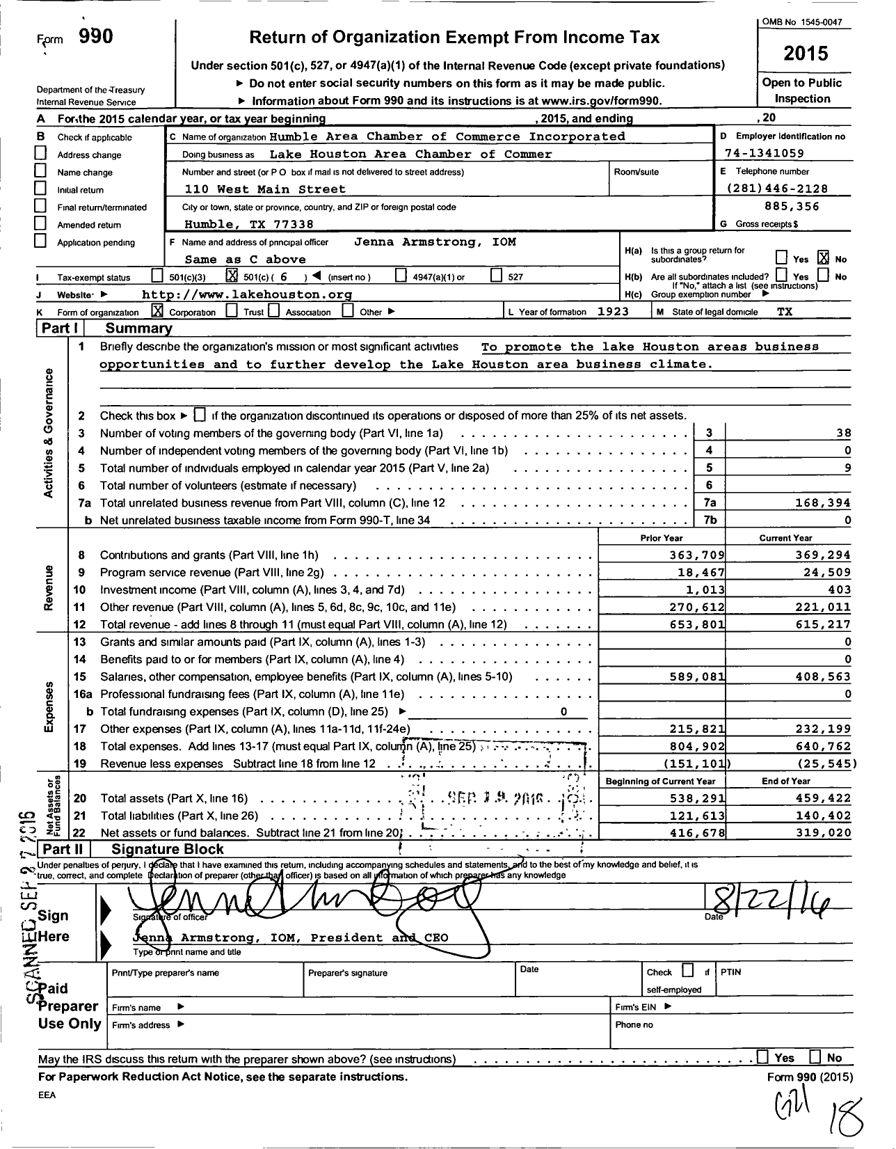 Image of first page of 2015 Form 990O for Partnership Lake Houston