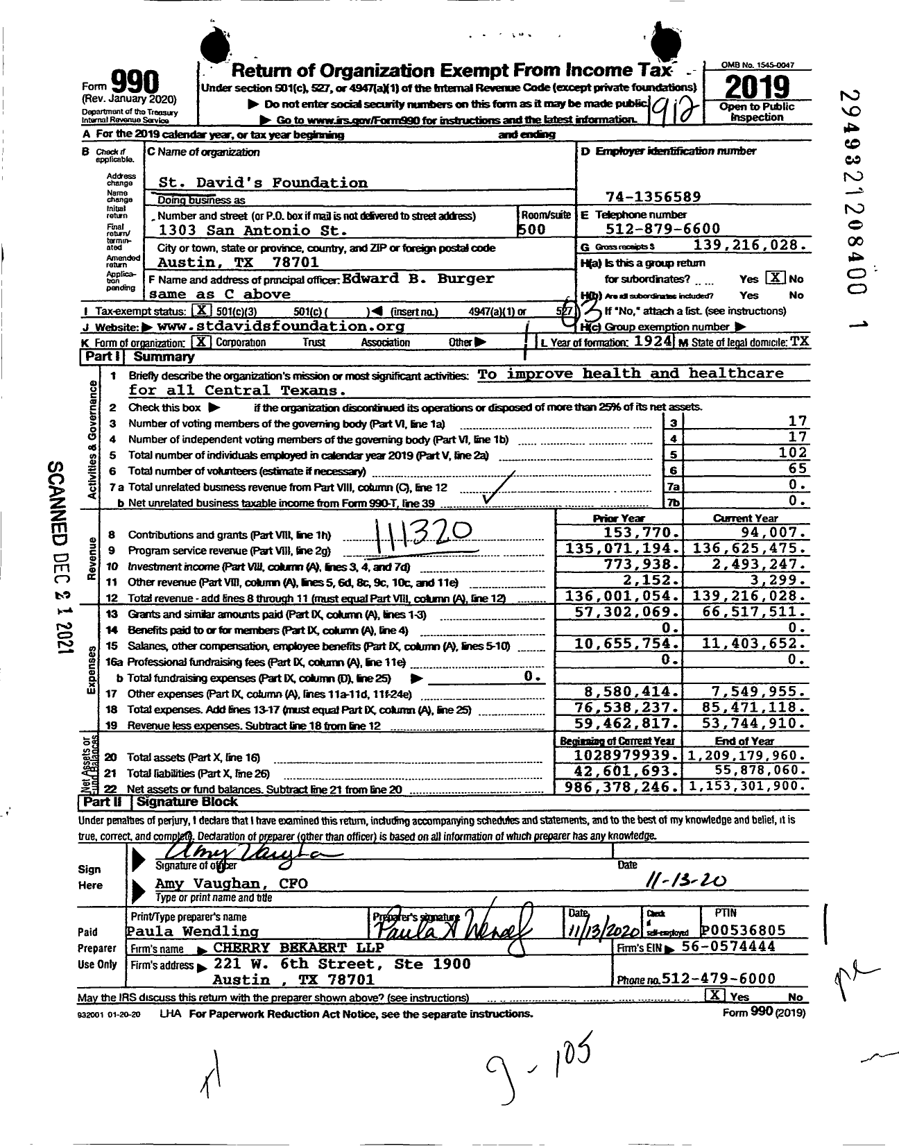 Image of first page of 2019 Form 990 for St David's Foundation (SDF)