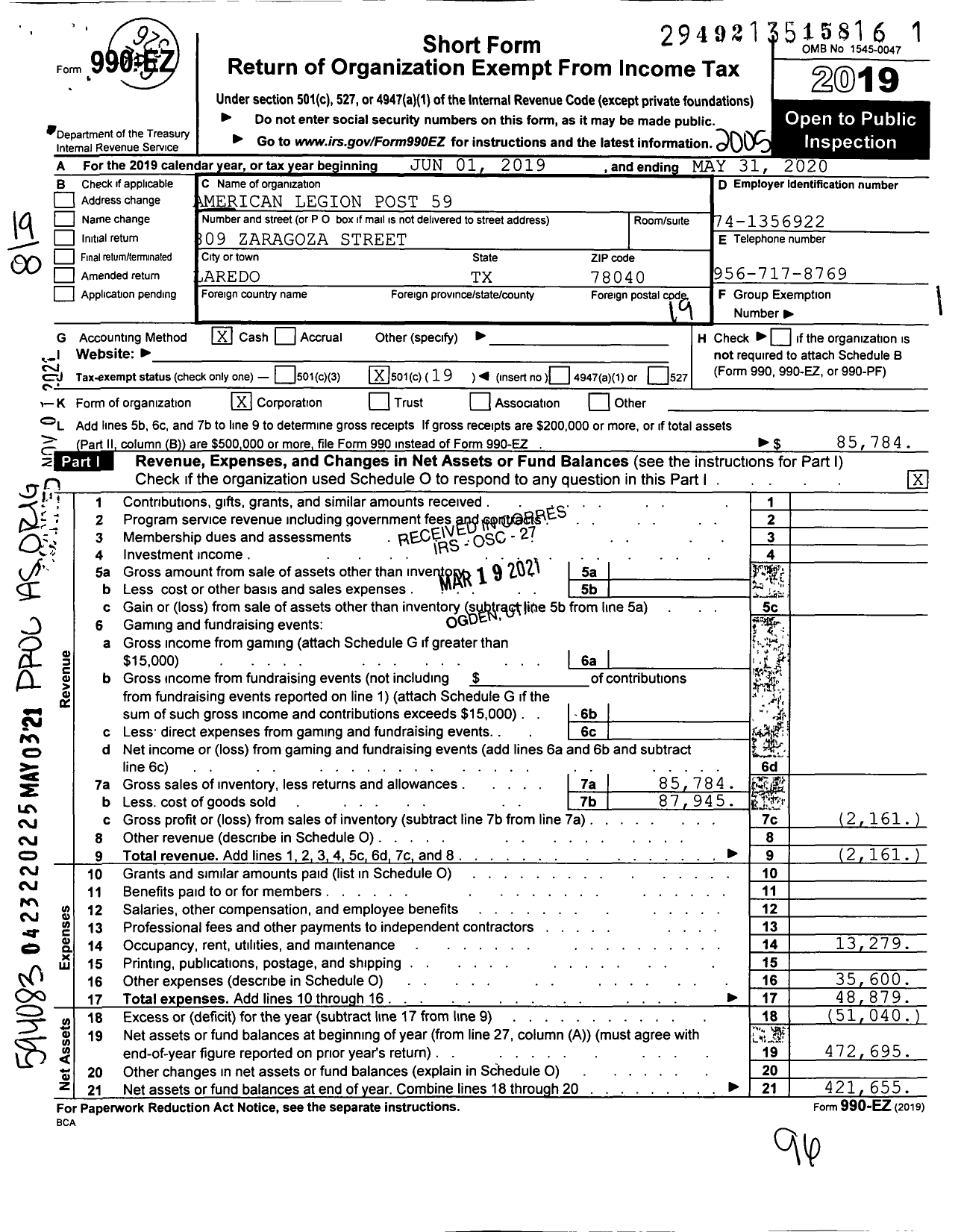 Image of first page of 2019 Form 990EO for American Legion Post 59