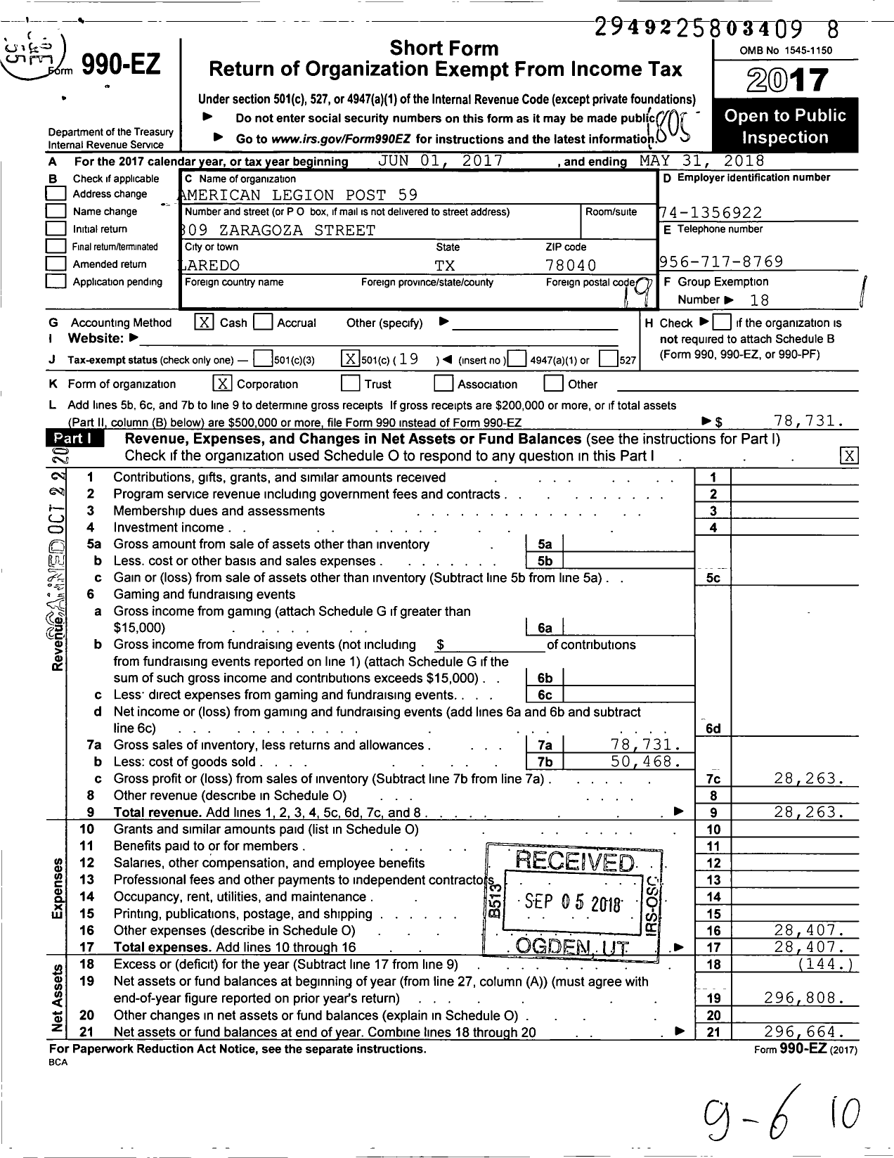 Image of first page of 2017 Form 990EO for American Legion Post 59