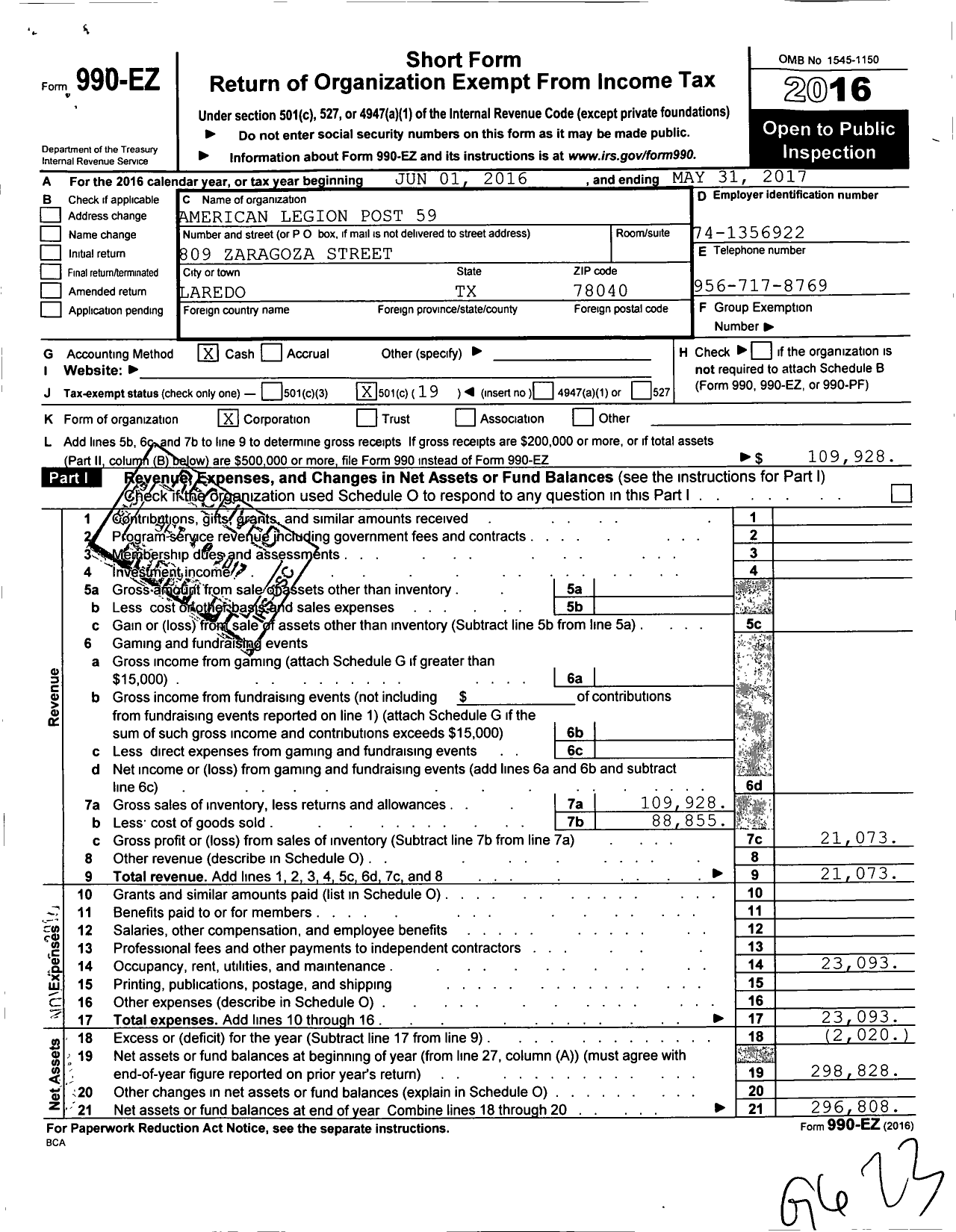 Image of first page of 2016 Form 990EO for American Legion Post 59