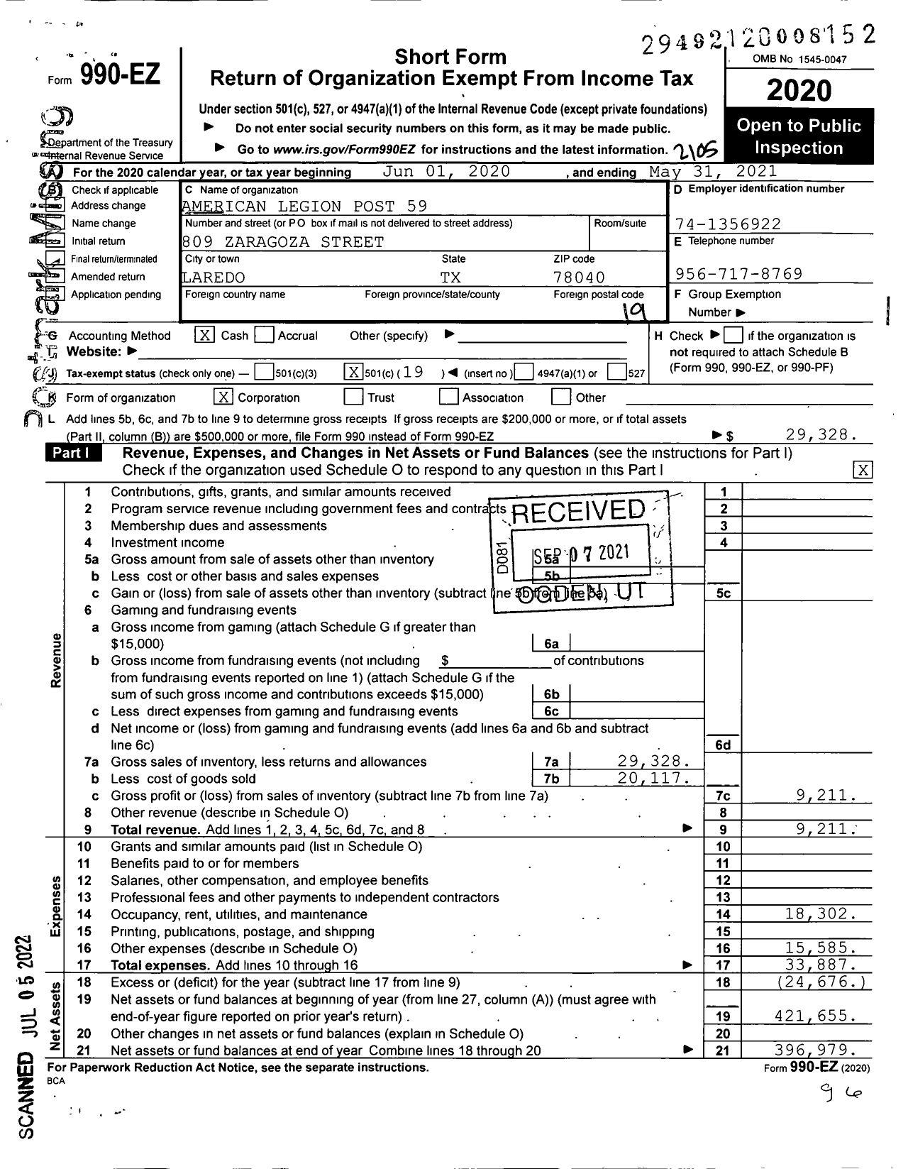 Image of first page of 2020 Form 990EO for American Legion Post 59