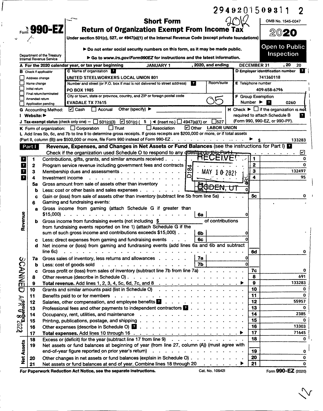 Image of first page of 2020 Form 990EO for United Steelworkers - USW Local 801