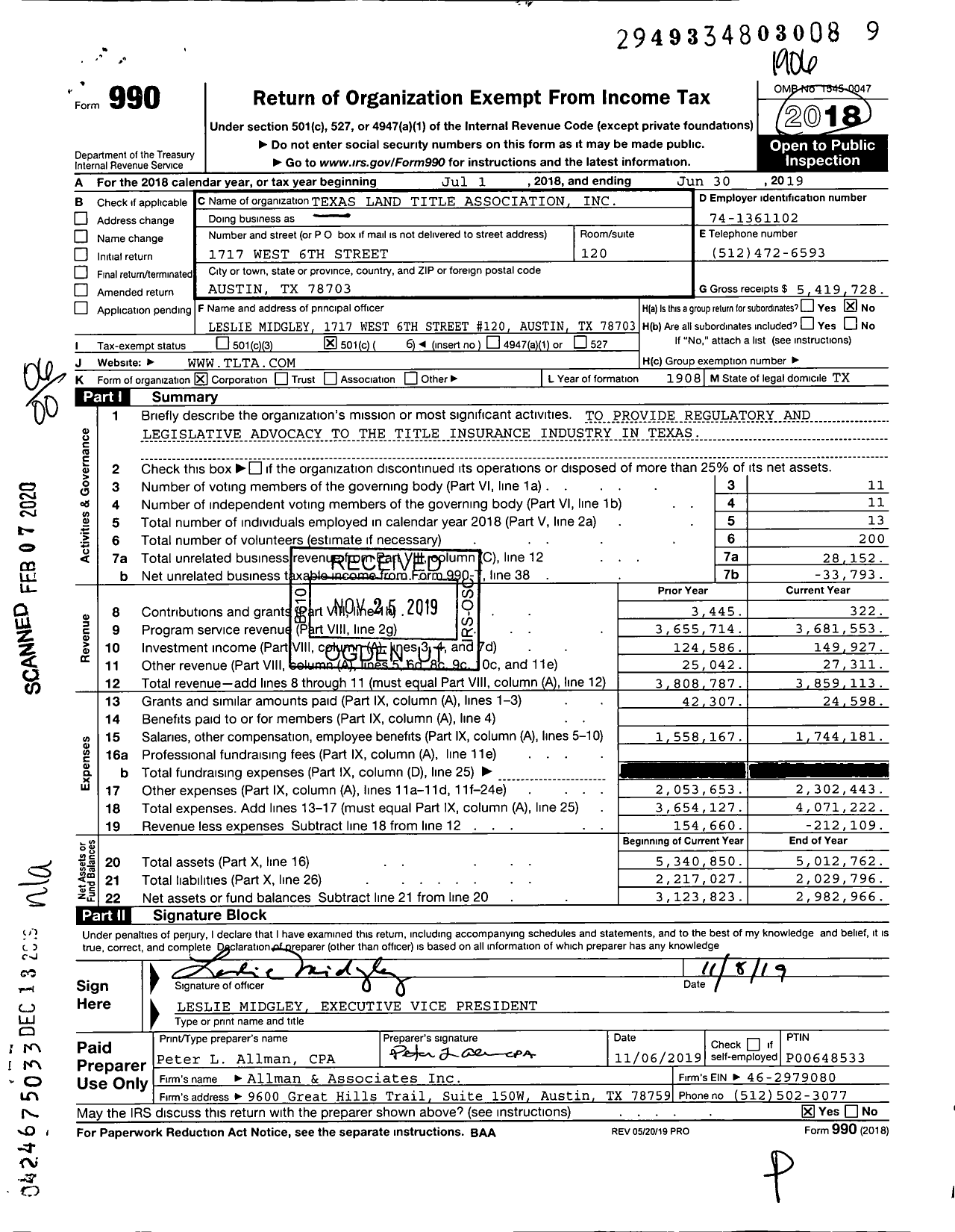 Image of first page of 2018 Form 990O for Texas Land Title Association