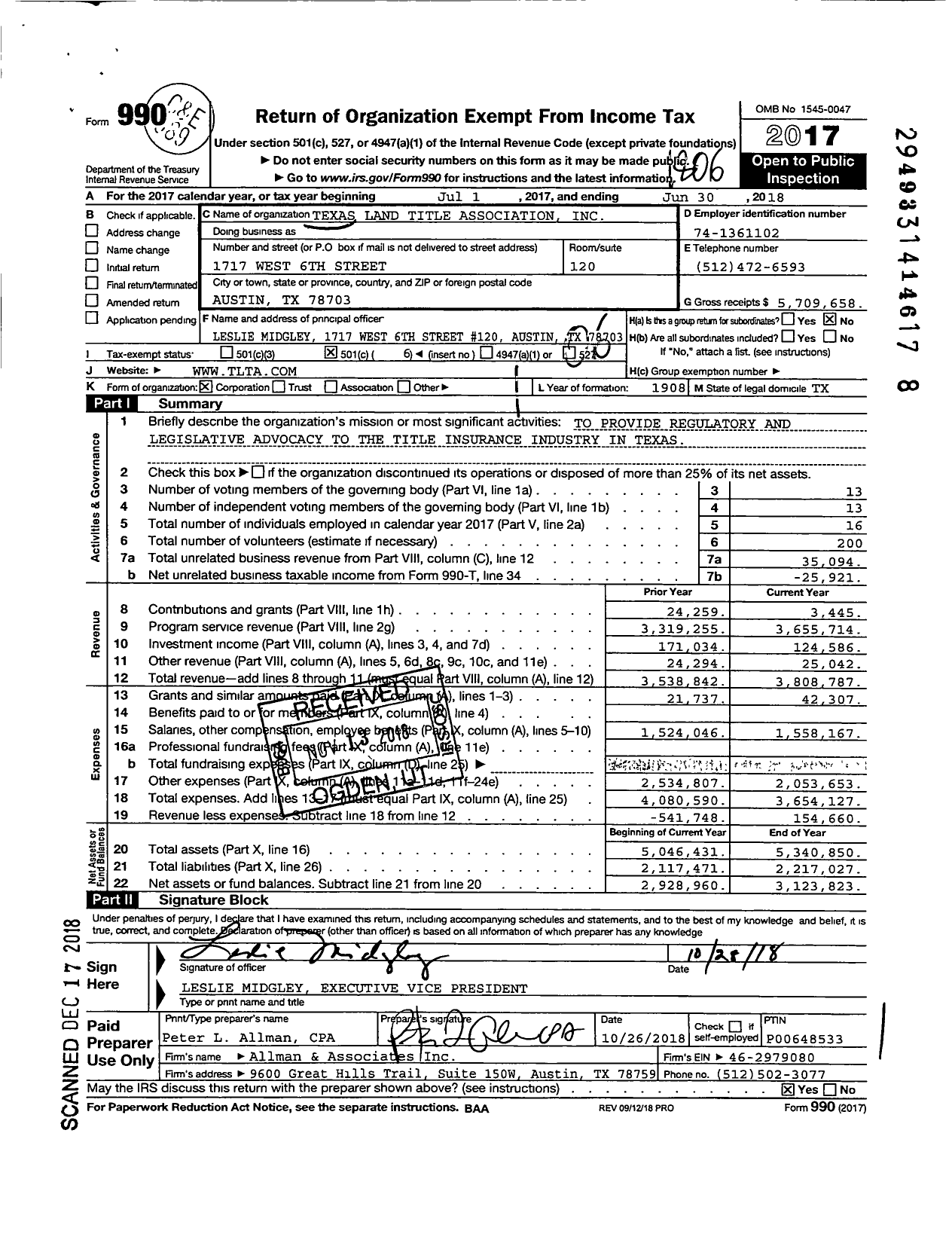 Image of first page of 2017 Form 990O for Texas Land Title Association